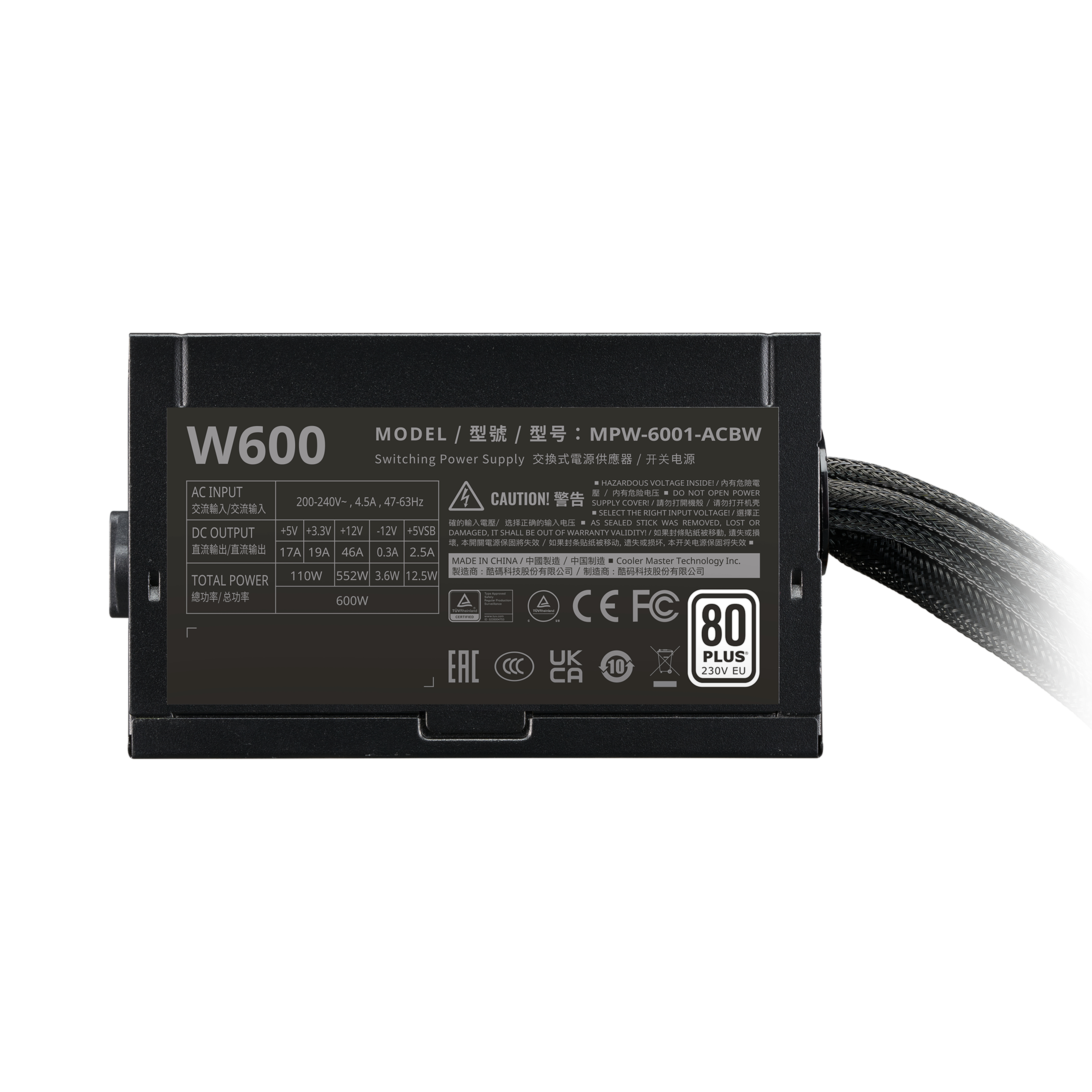 Zwarte voeding, model W600, met labels. Een kabel is rechts aangesloten. 80 Plus Bronze gecertificeerd.
