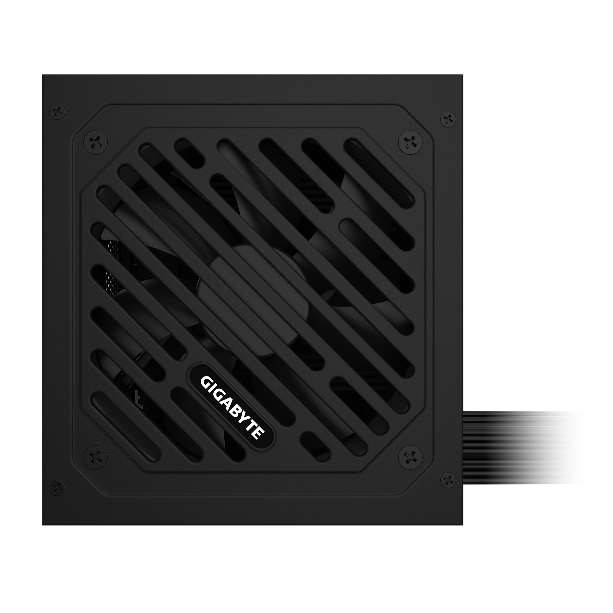 Czarny zasilacz z kratką wentylatora i logo Gigabyte. Kable zasilające wychodzą z prawej strony urządzenia.