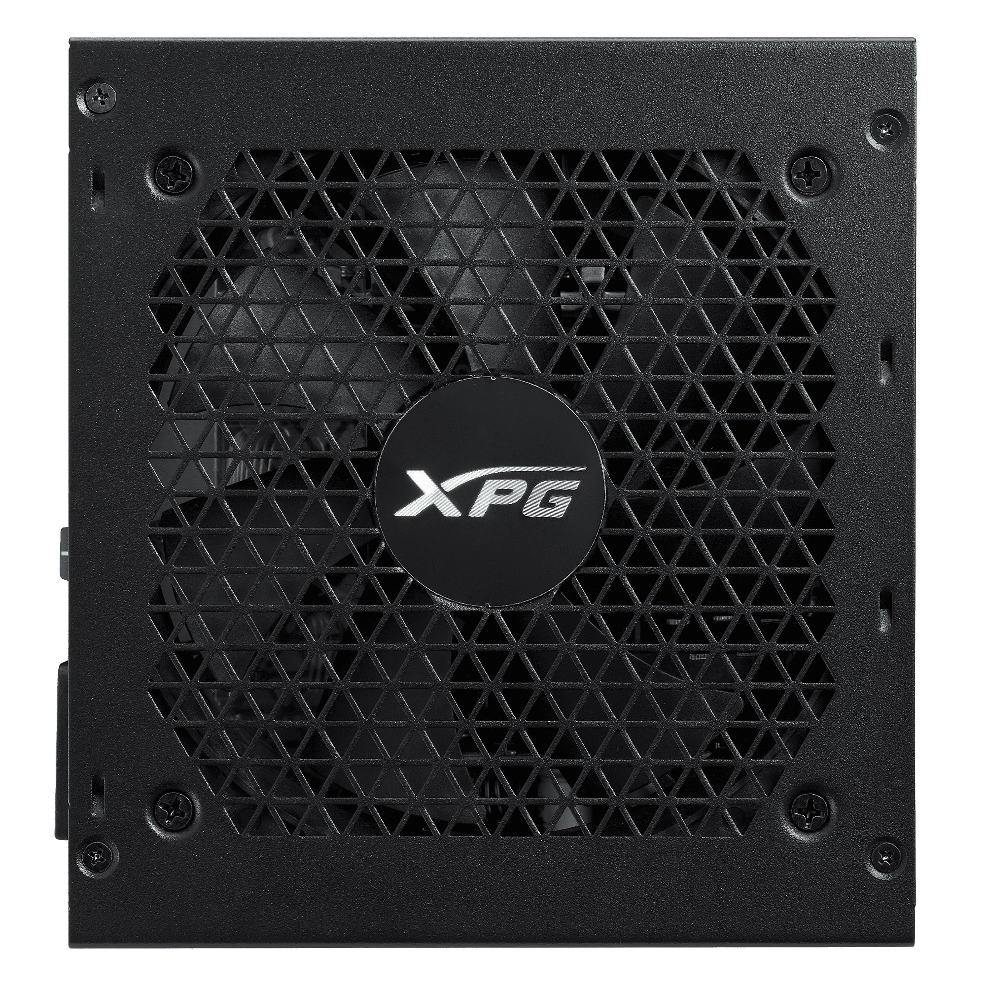 Schwarzes XPG Netzteil. XPG Logo in der Mitte eines Maschengitters.