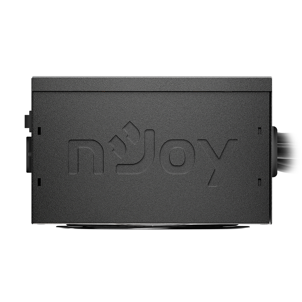 Alimentatore Njoy nero con logo laterale, su sfondo bianco. Superficie testurizzata.