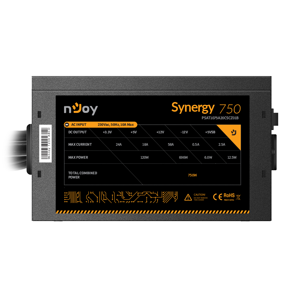 Alimentatore nero e arancione, 'nJoy Synergy 750'. Specifiche ed etichette visibili sul fronte.