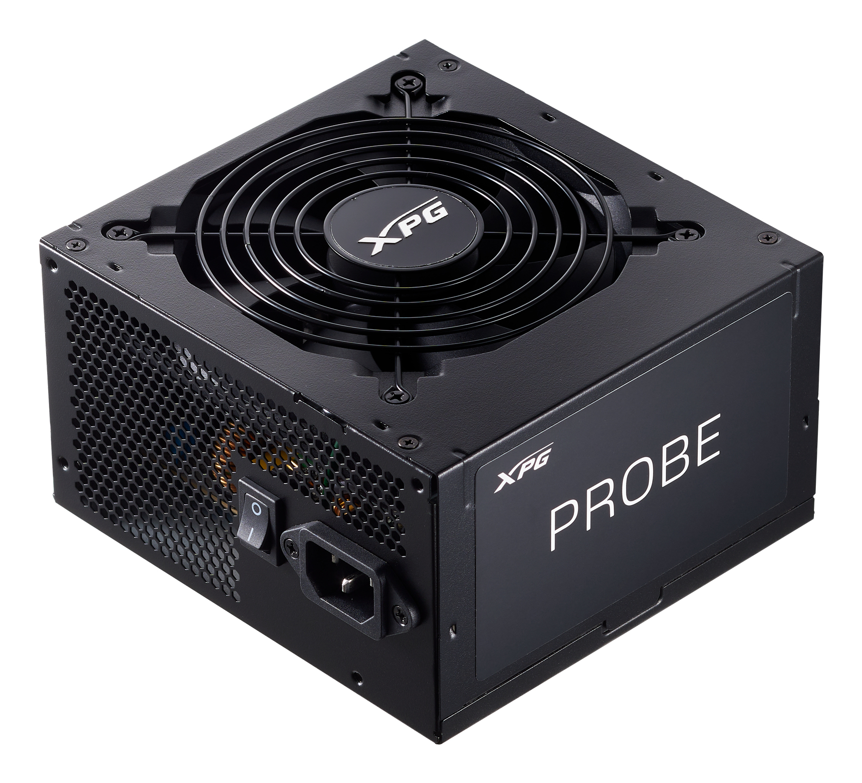 Schwarzes XPG PROBE Netzteil. Lüfter, Stromanschluss und der Name PROBE sind sichtbar.