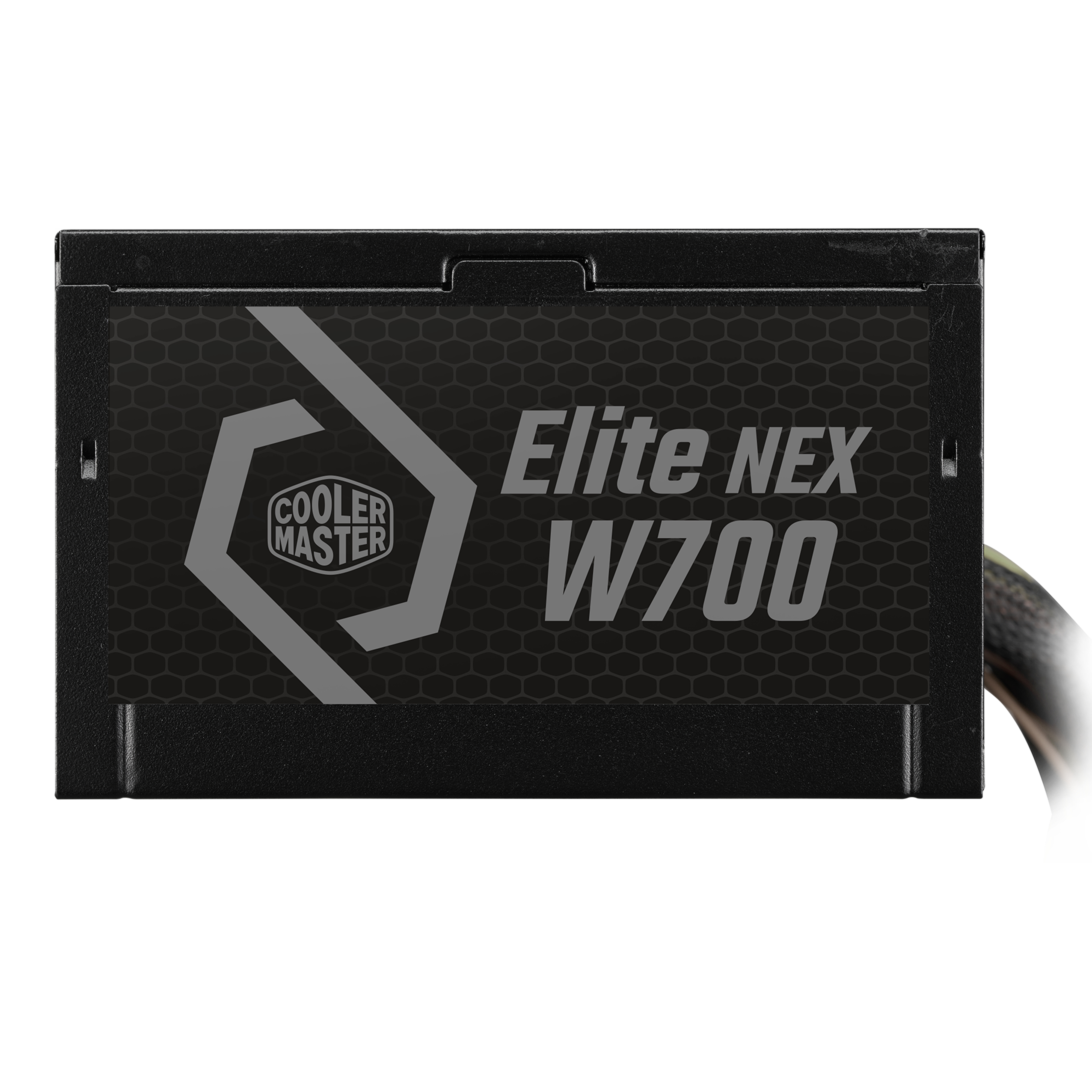 Een zwarte voeding met een logo. De tekst "Elite NEX W700" is ook zichtbaar.
