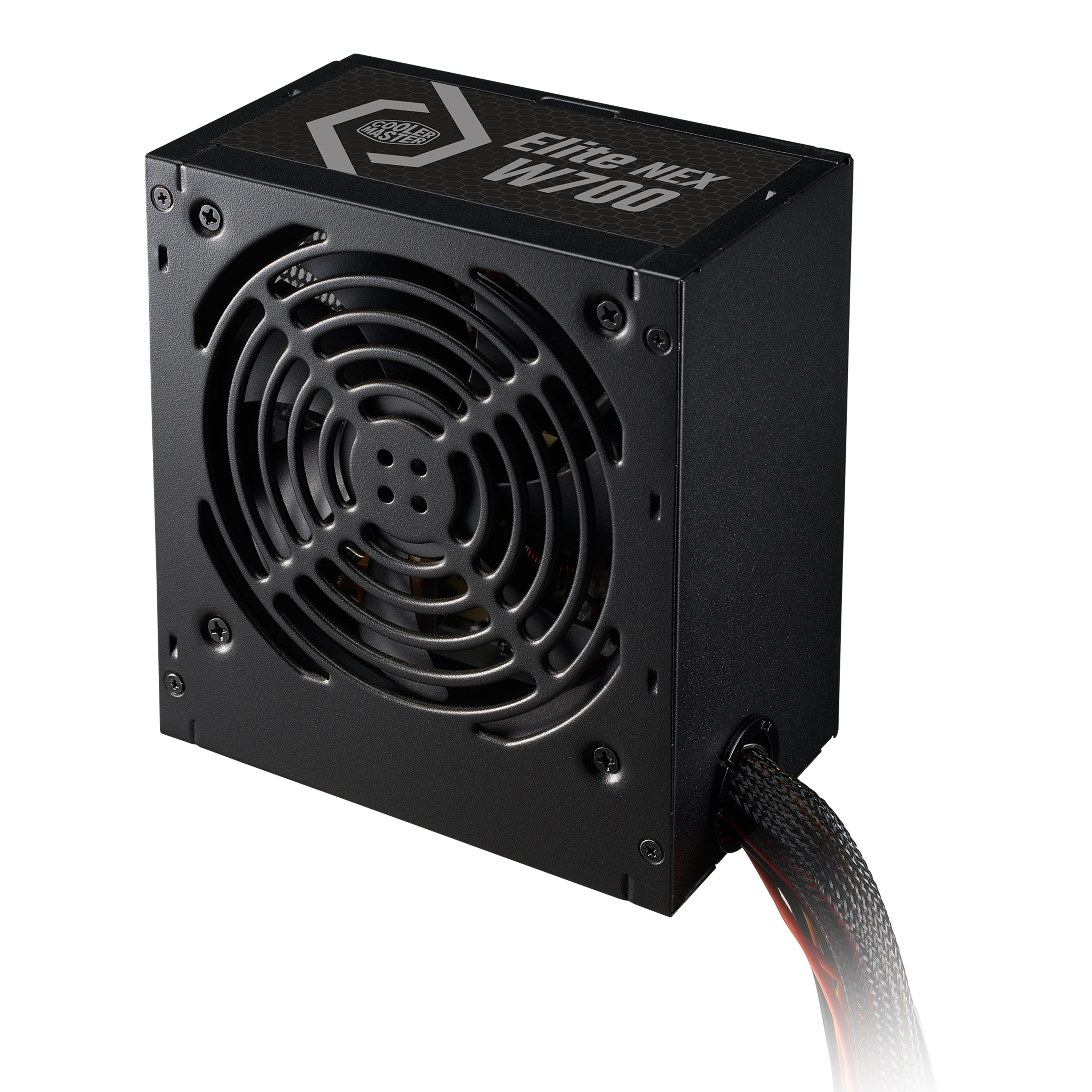 Zwarte voedingseenheid met ventilator en een label met "Elite NEX W700", en een zwarte kabel, op wit.