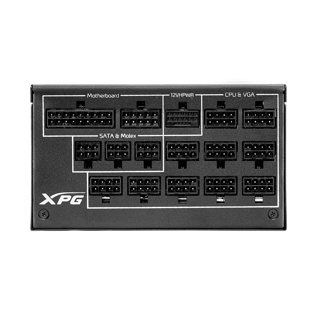 Zwart XPG PSU paneel met connectoren voor moederbord, SATA, Molex en CPU. XPG logo zichtbaar.