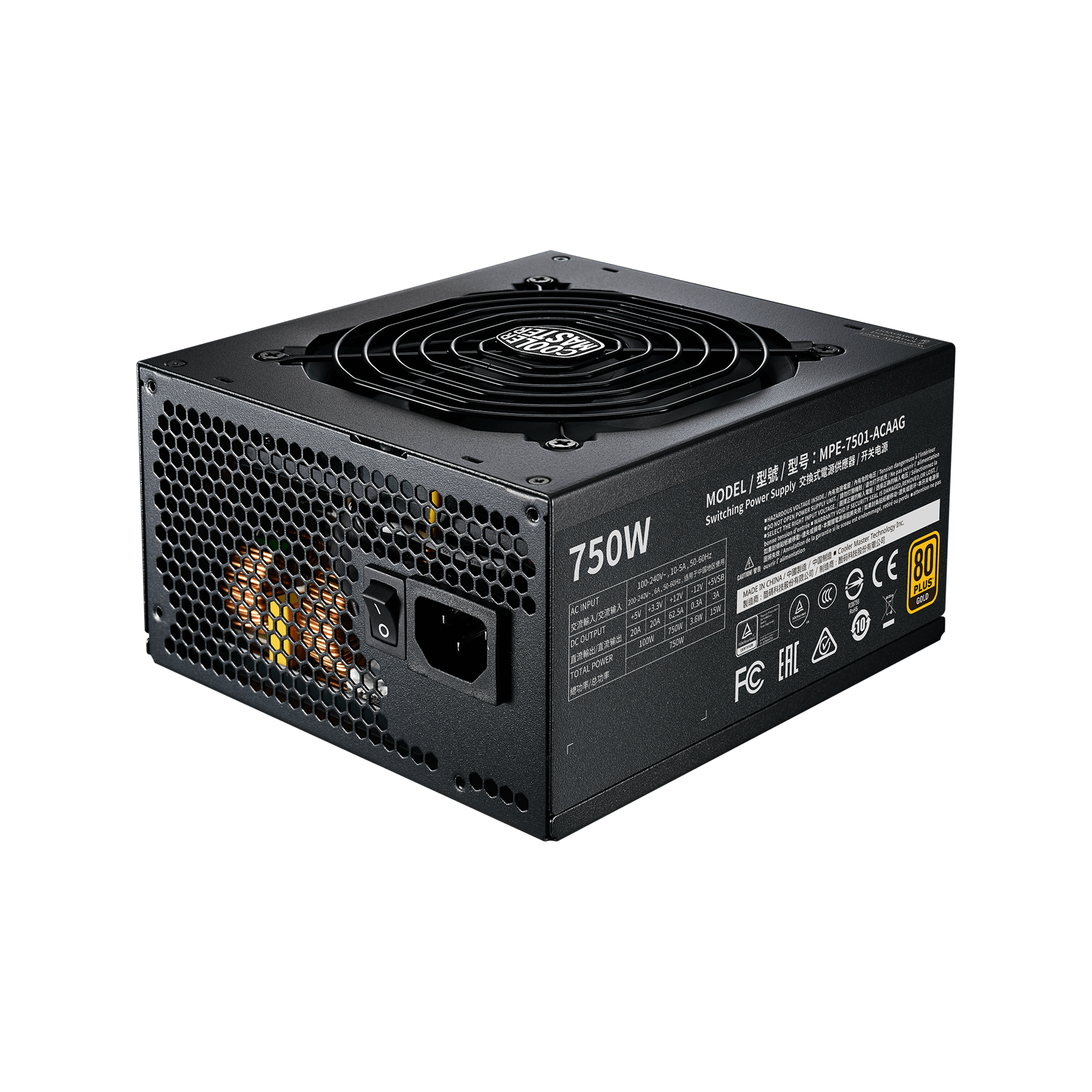 Schwarzes Netzteil mit Lüfter, Schalter und 750W-Etikett. 80 Plus Gold zertifiziert.