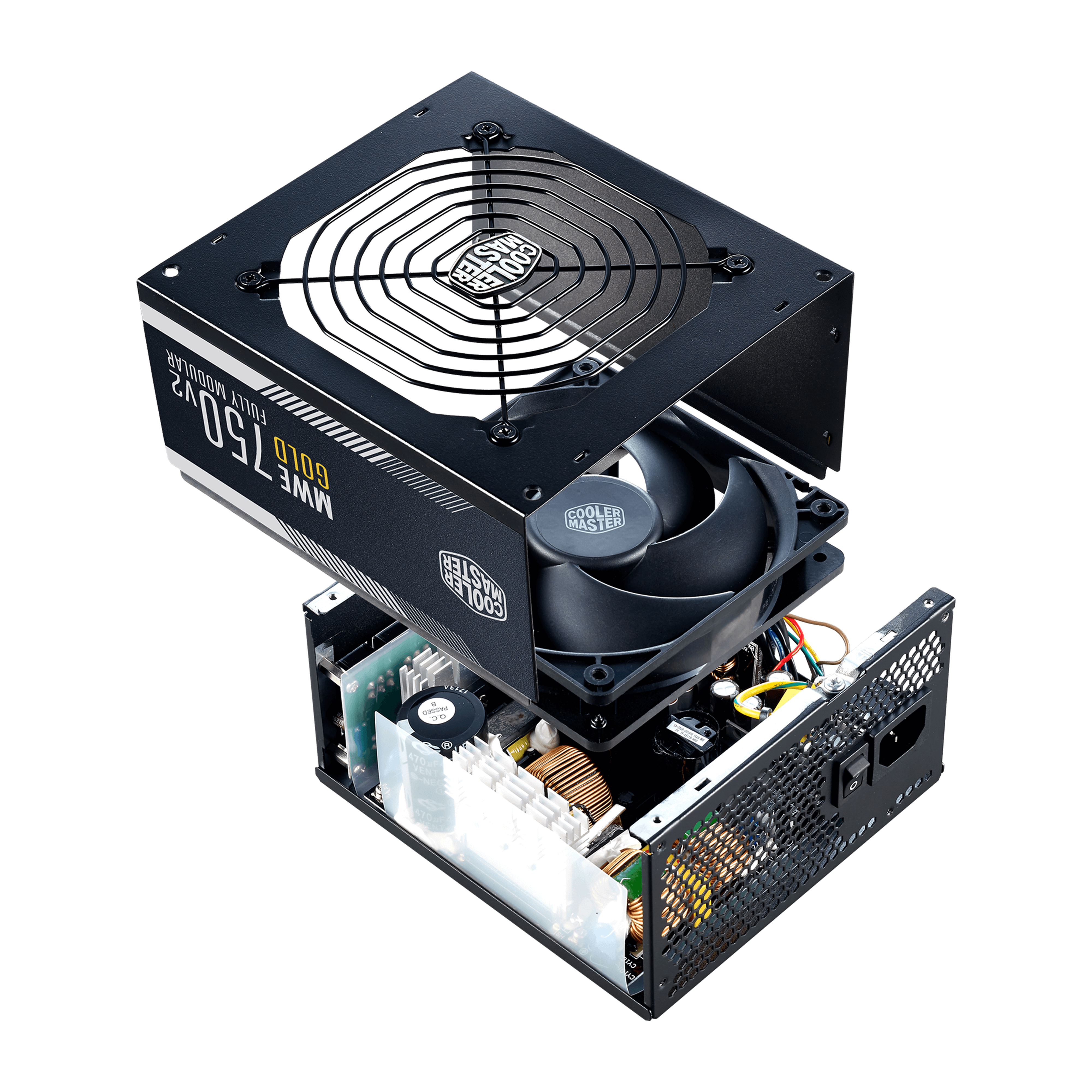 Cooler Master Netzteil, Explosionsansicht. Zeigt Lüfter, Innenleben und Gehäuse.