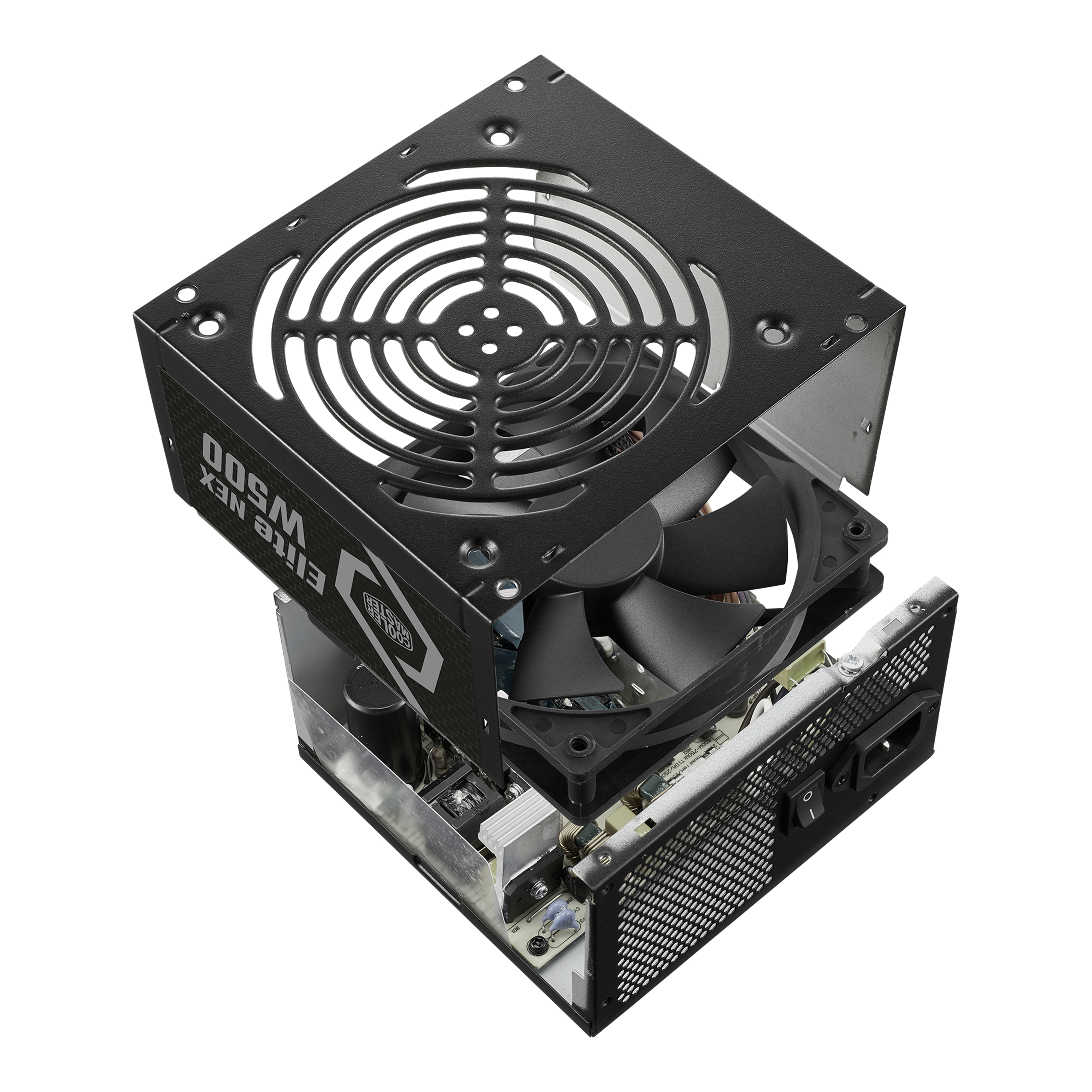 Ontplofte weergave van een zwarte PSU die de interne componenten toont, waaronder een ventilator en circuits.