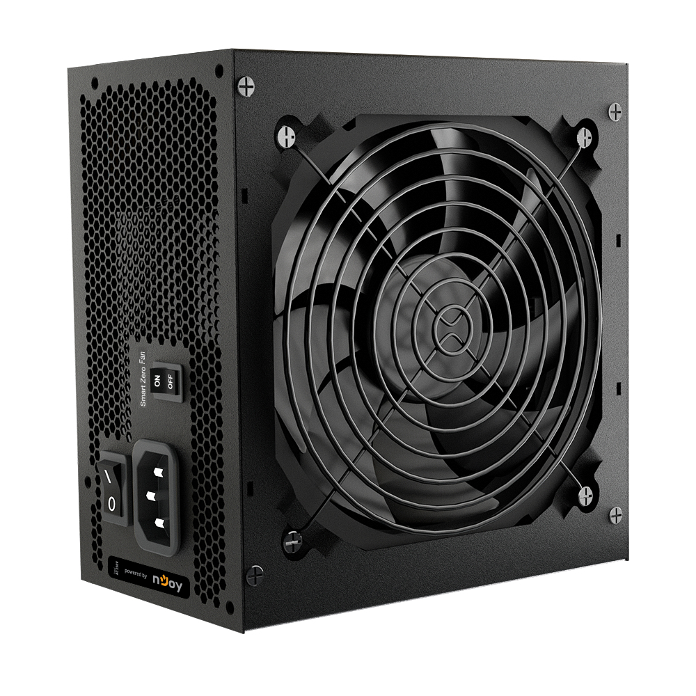 Un alimentatore nero con ventola, interruttore di alimentazione e connettori a filo. Ha un interruttore Smart Zero Fan.