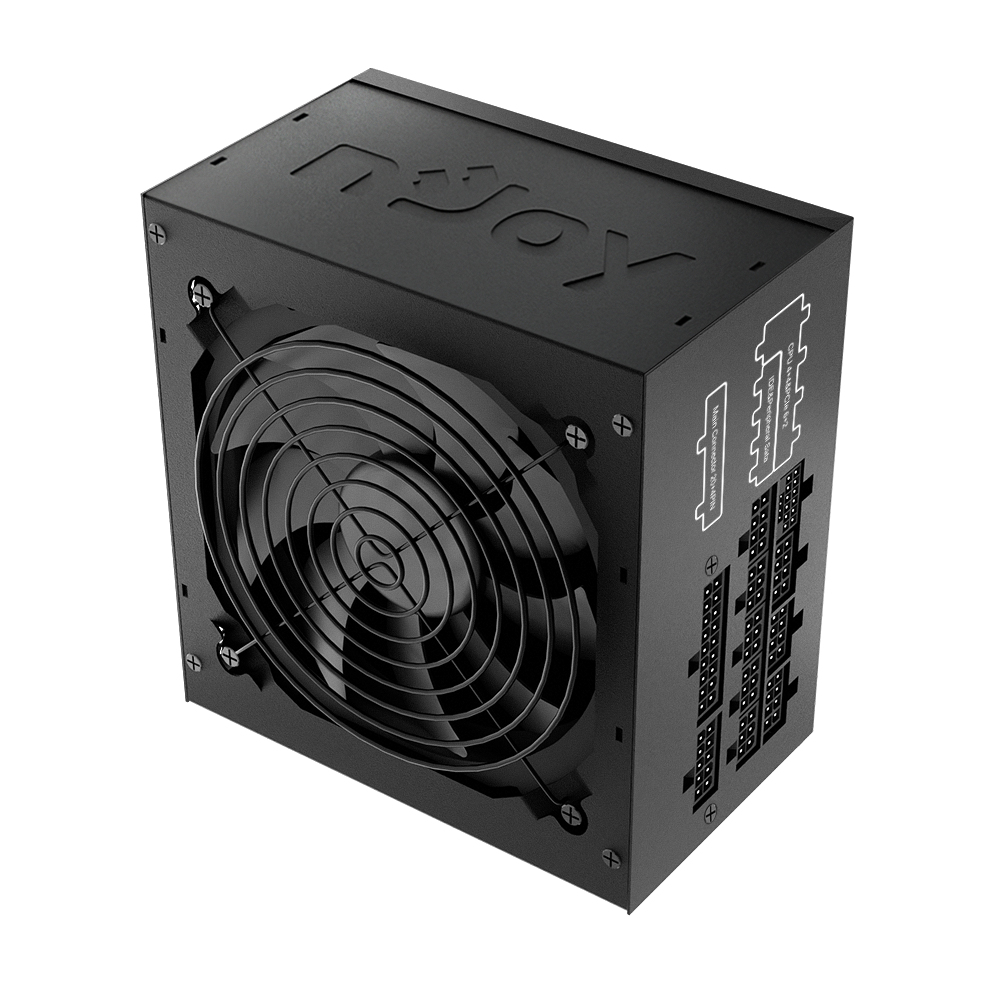 Alimentatore nero con ventola, connettori ed etichette, con il logo nJoy in alto e connettori sul lato.