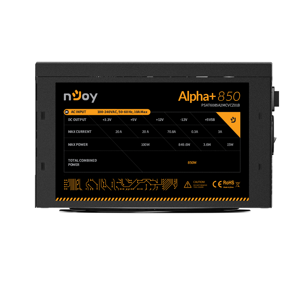 Alimentatore nero nJoy Alpha+ 850 con etichette e specifiche. Lo sfondo è bianco.