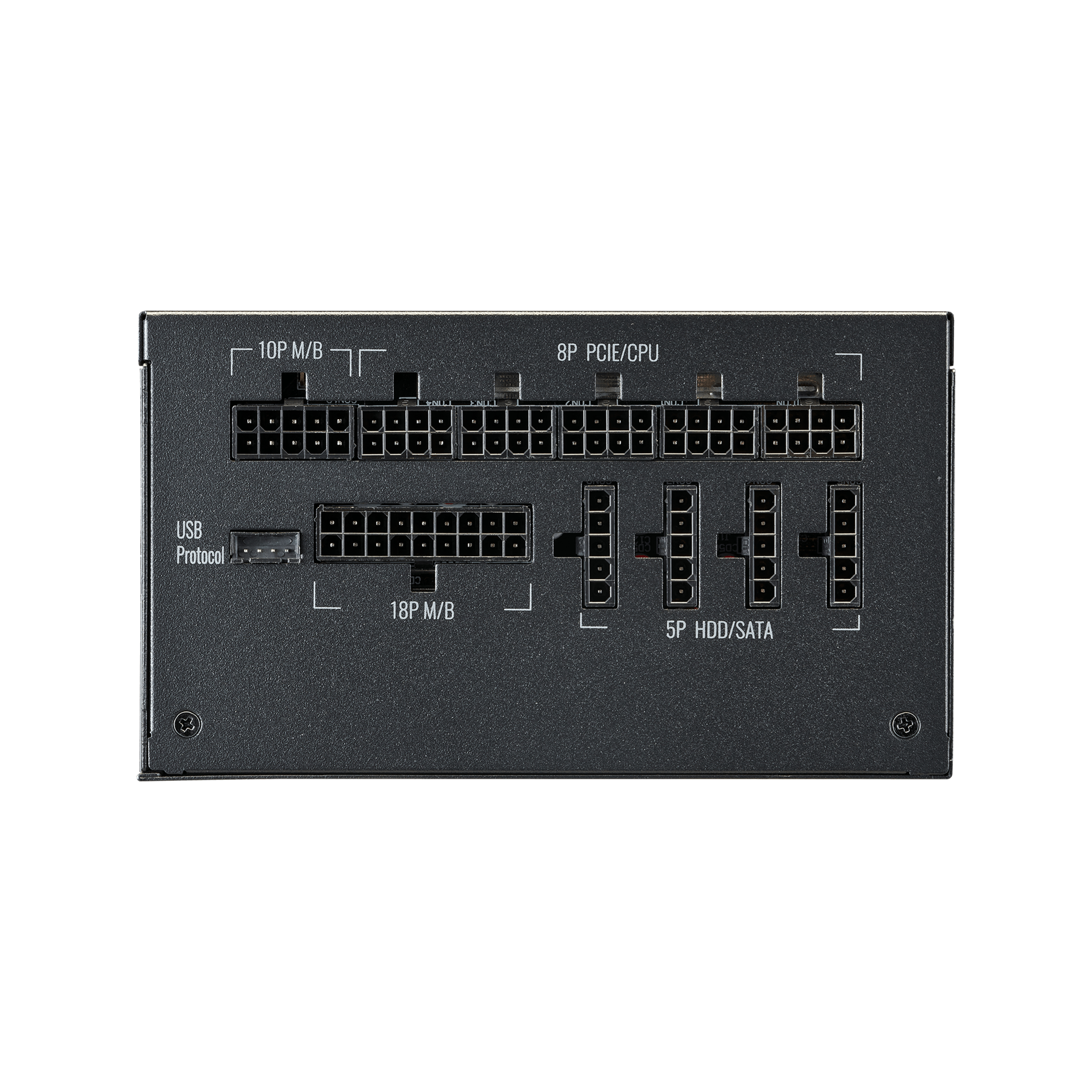 Alimentatore nero con diversi connettori. Mostra 10P M/B, 8P PCIE/CPU, 18P M/B e 5P HDD/SATA.