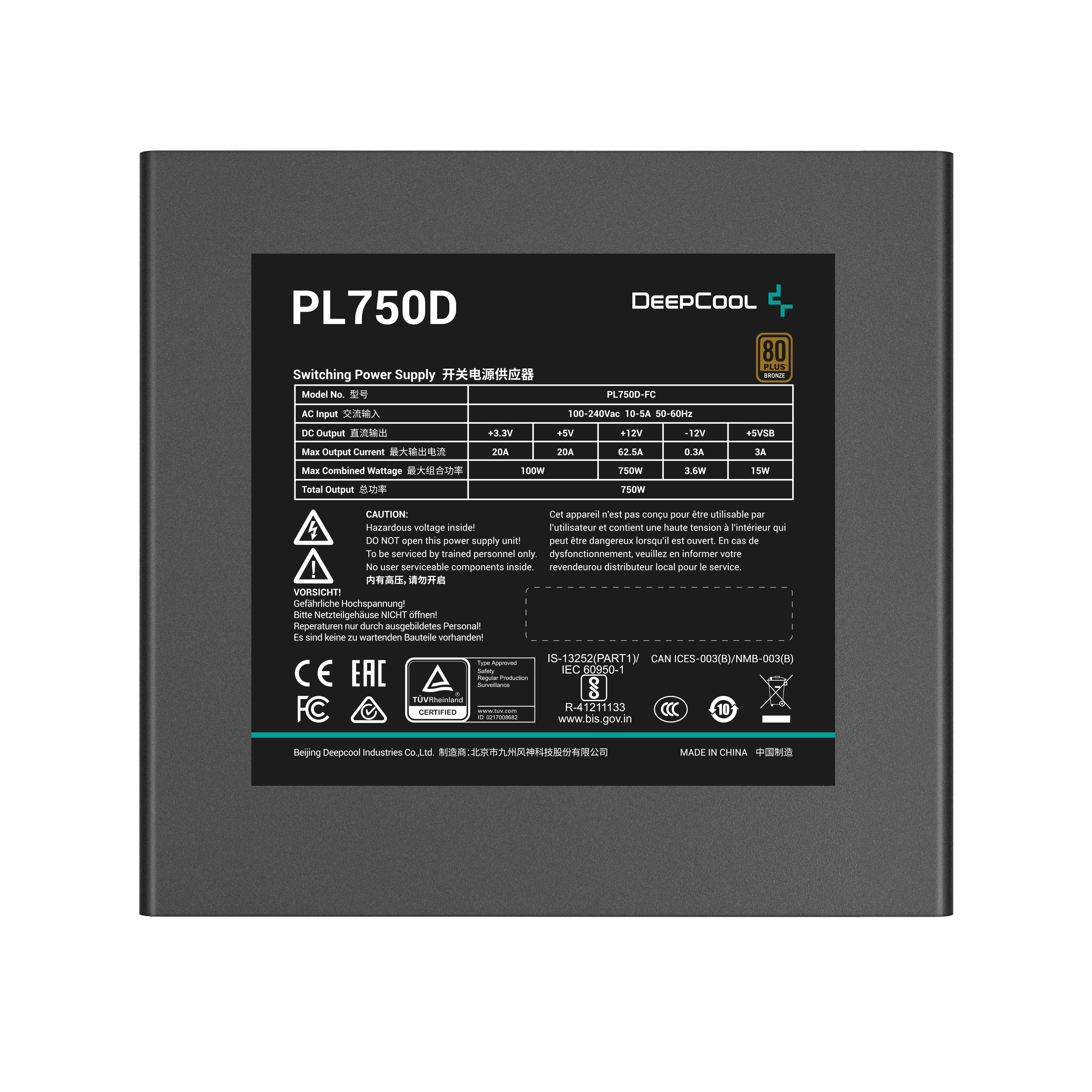 Zwart voedingslabel met specificaties. Tekst: PL750D, Switching Power Supply. Inclusief het 80 Plus-logo.