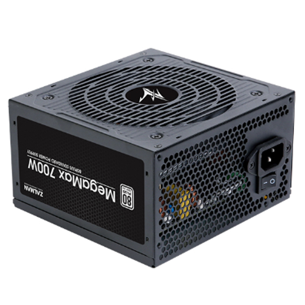 Alimentatore nero per computer, vista frontale. Logo Zalman, ventola e informazioni sul prodotto visibili.