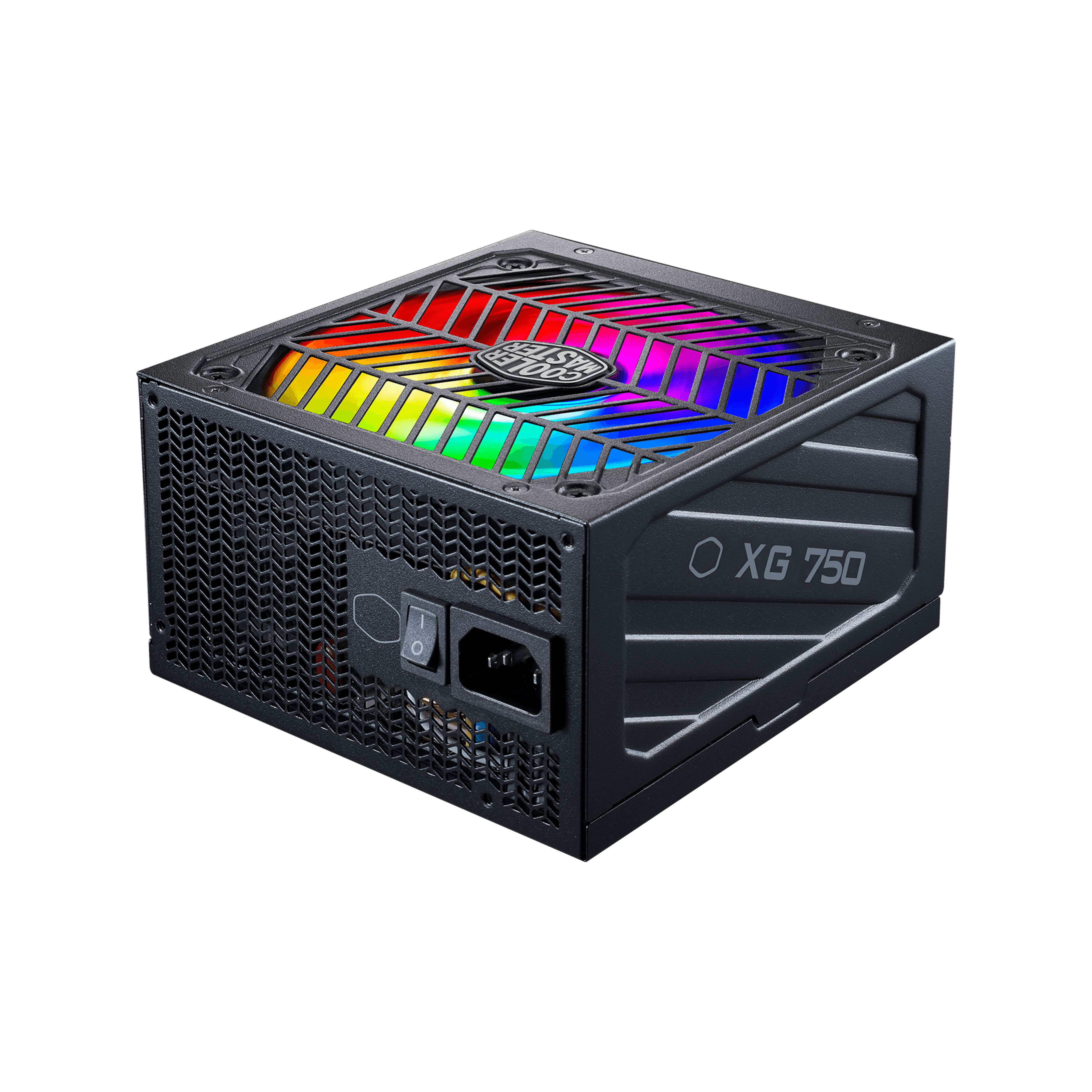 Alimentatore nero con ventola multicolore. Logo Cooler Master.
