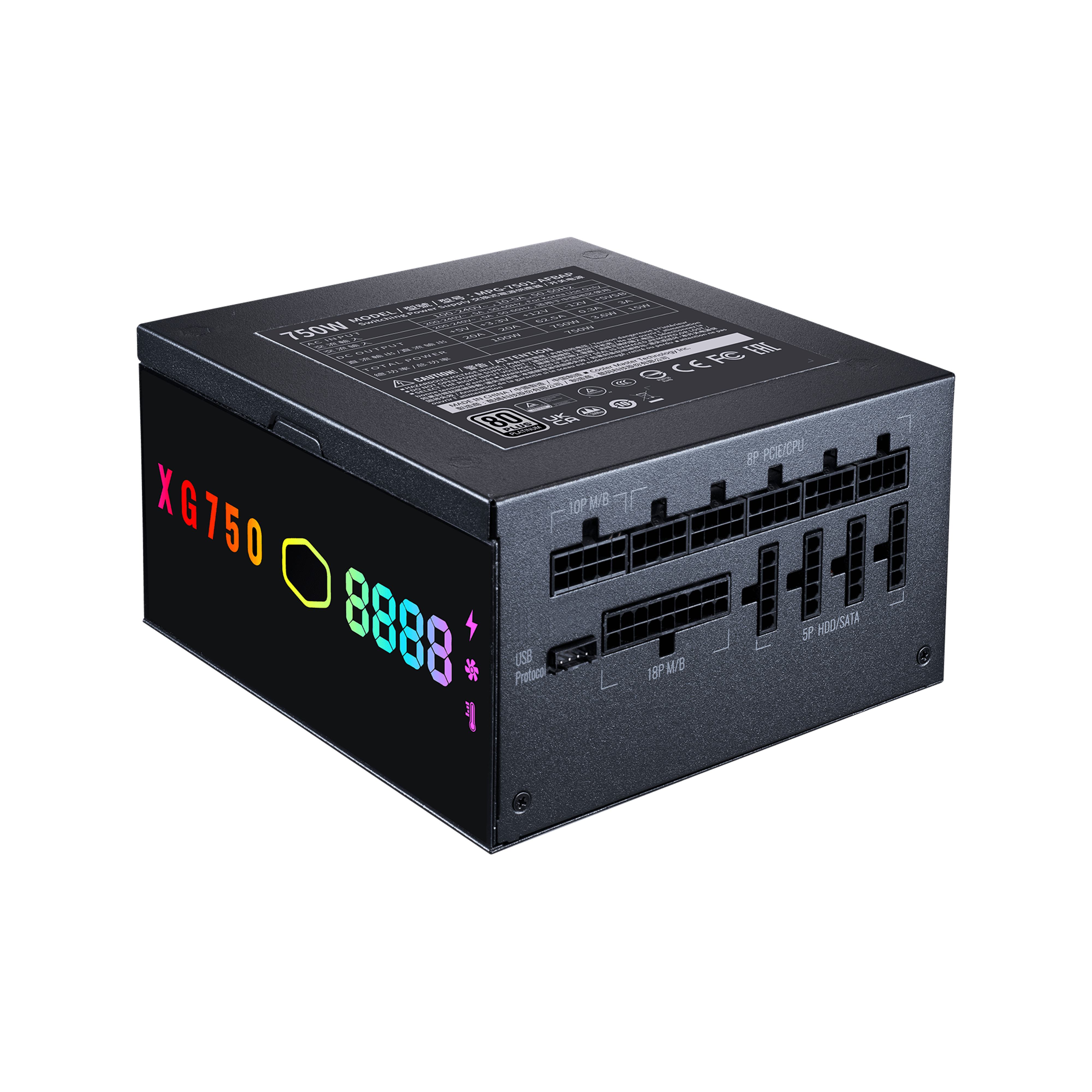 Alimentatore XG750 nero con display luminoso colorato e varie fessure per connettori.