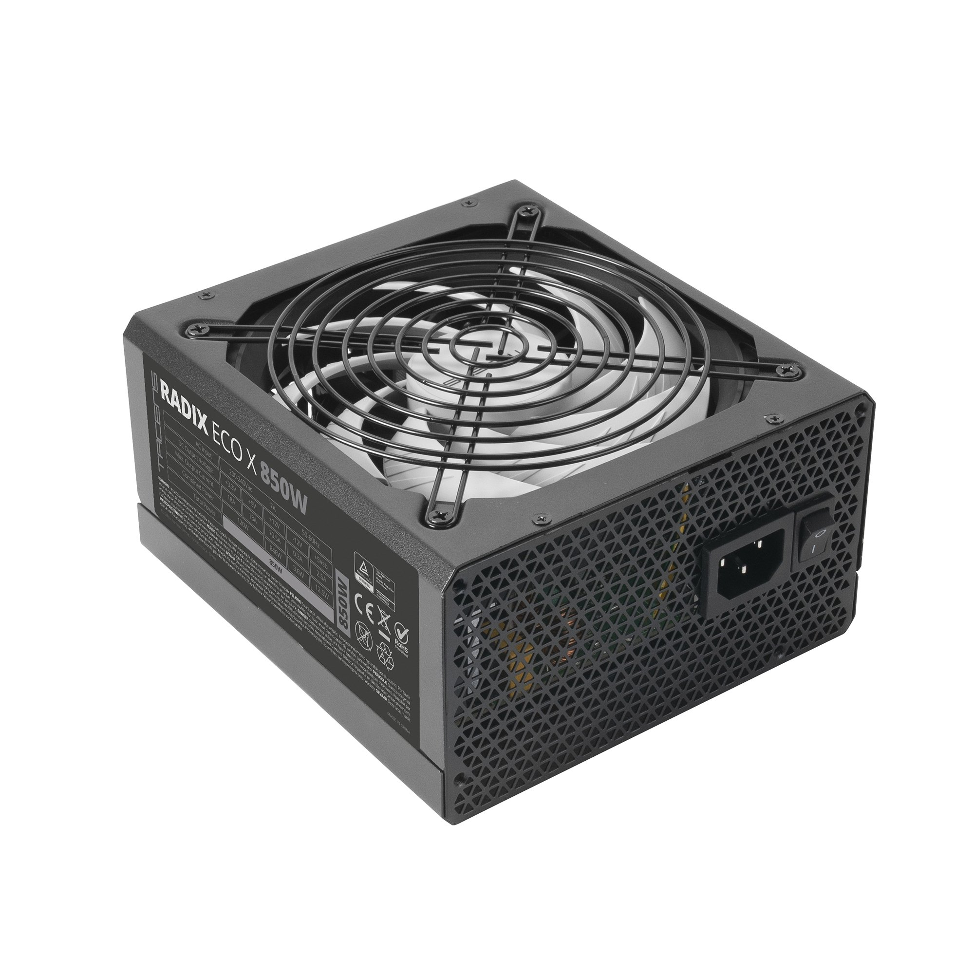 Alimentatore nero RADIX ECO X 350W. Ventola ed etichetta con specifiche visibili.