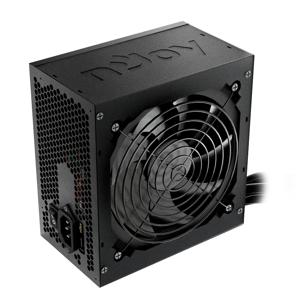 Alimentatore nero con ventola e griglia protettiva. Ventilazione a nido d'ape. Marchio visibile.