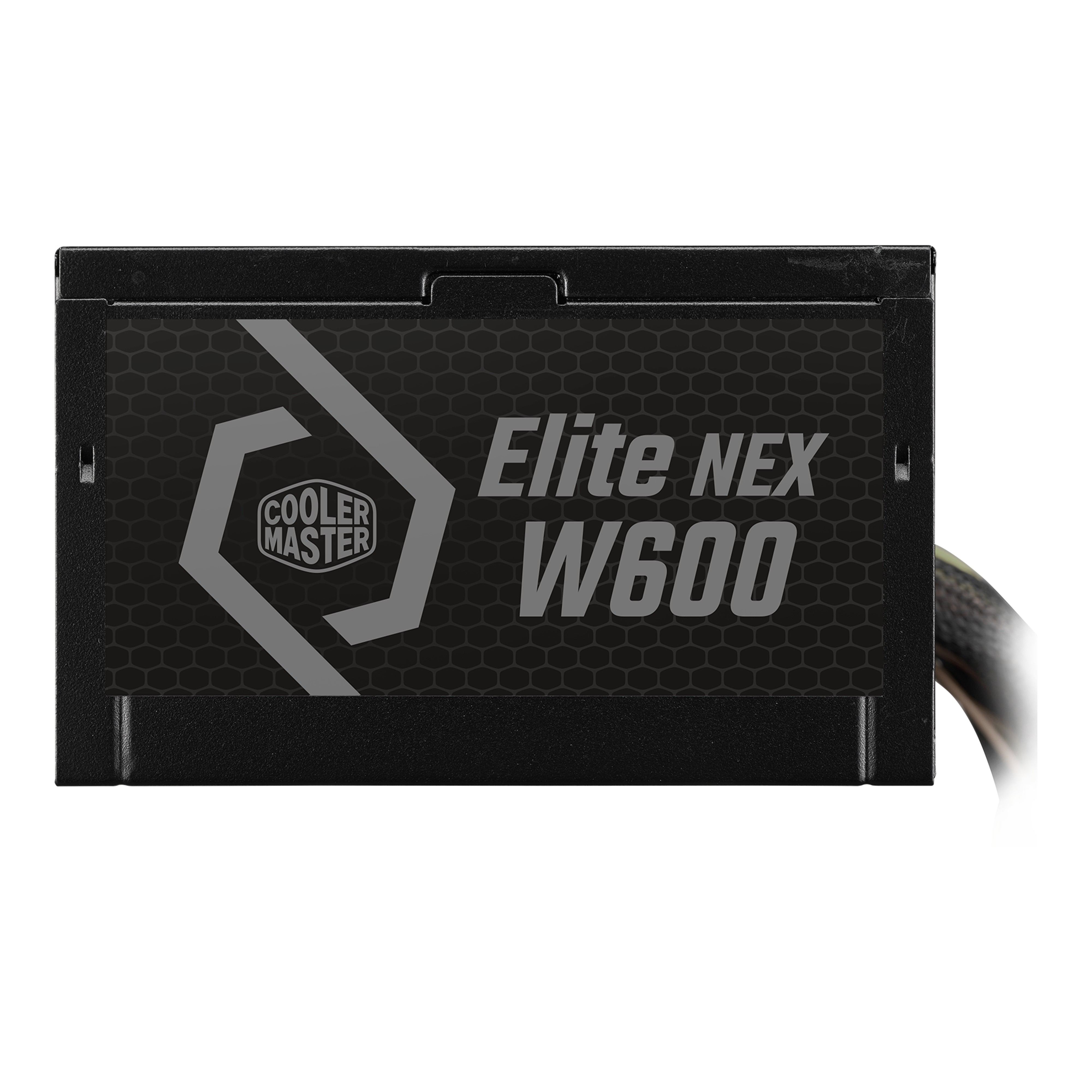 Czarny zasilacz z logo Cooler Master i tekstem 'Elite NEX W600'. Białe tło.