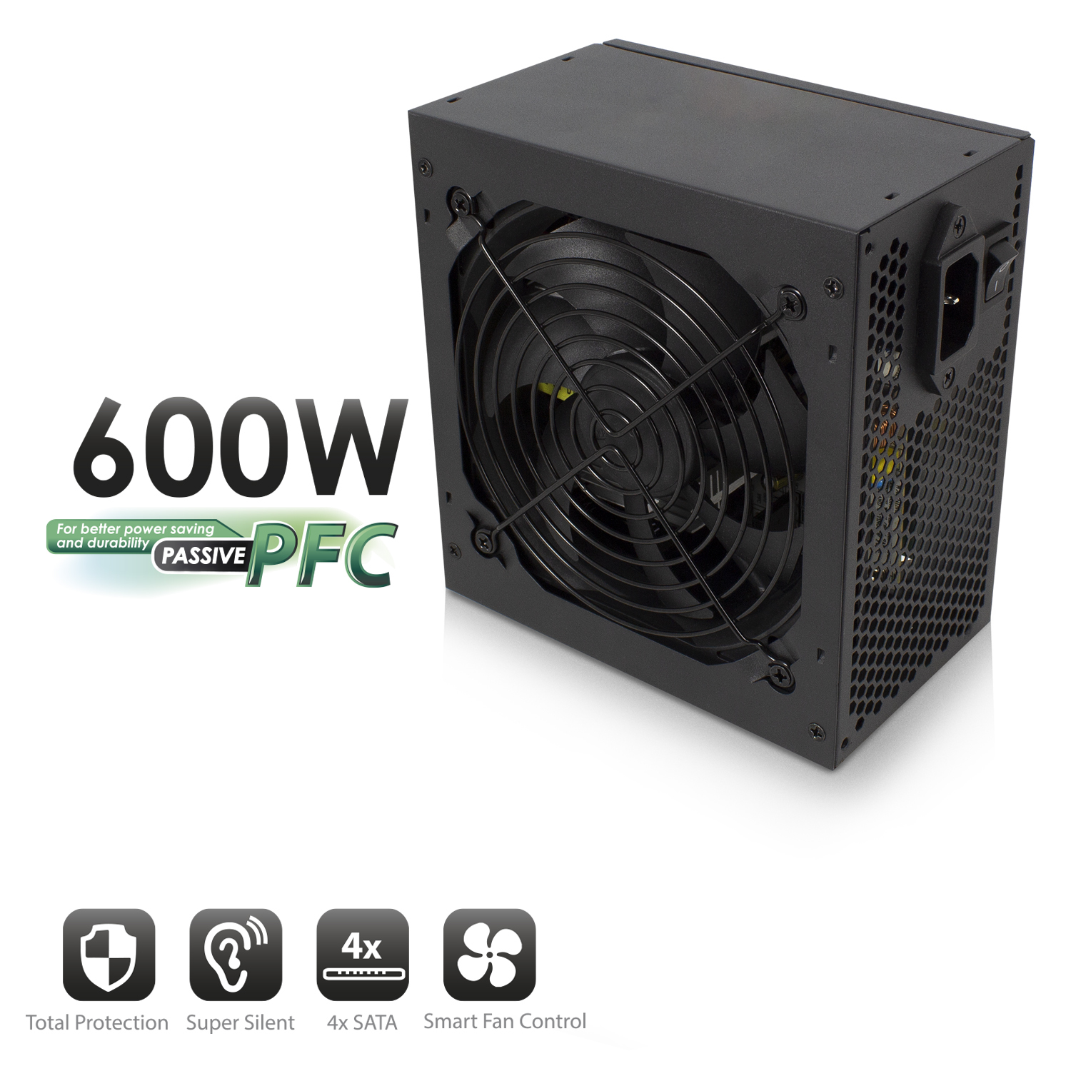 Schwarzes Computer-Netzteil mit Lüfter, 600W Text und Symbolen für Schutz und leisen Betrieb.