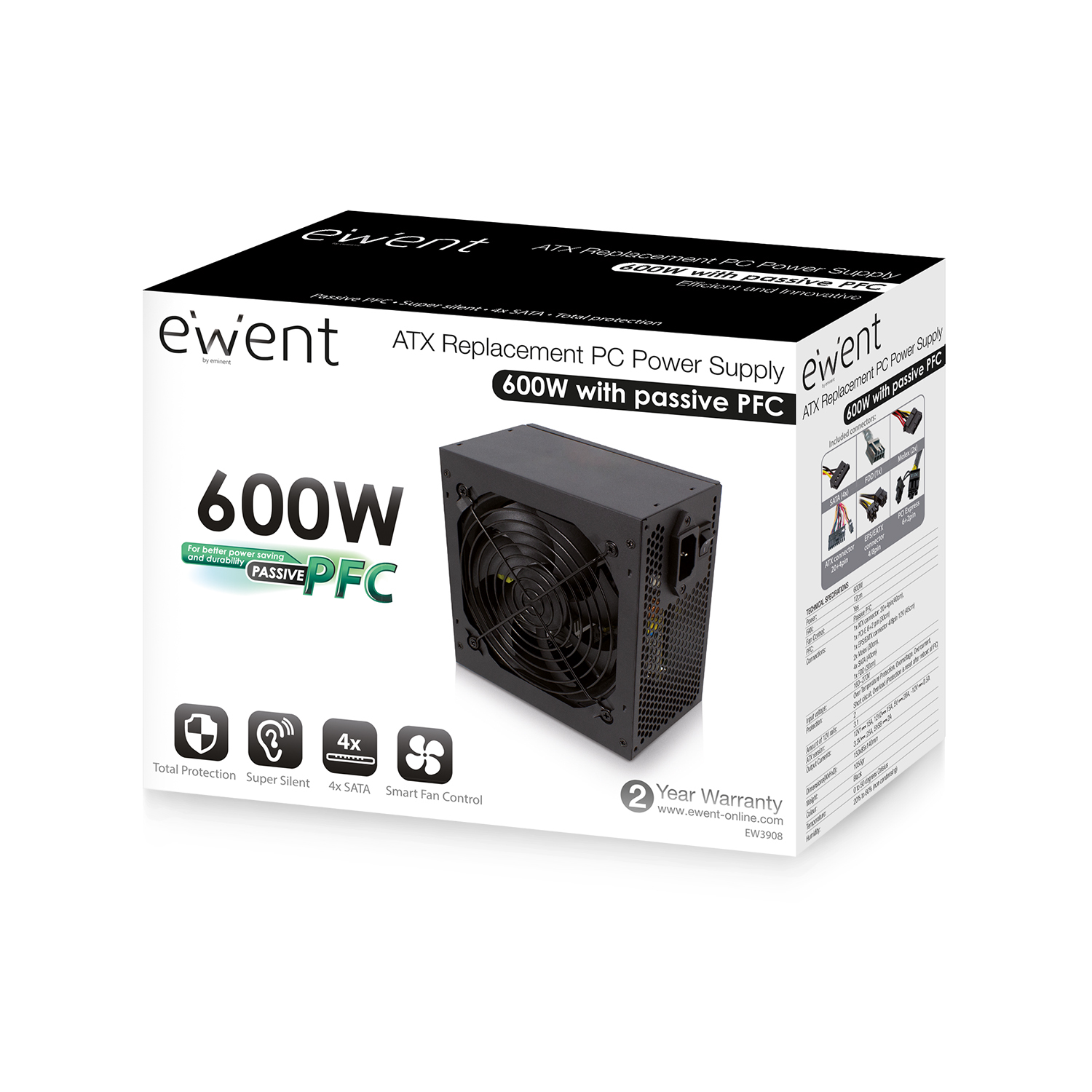 Box mit der Aufschrift 'ewent' für ein 600W PC-Netzteil. Enthält ein Netzteil. Weißer Hintergrund.