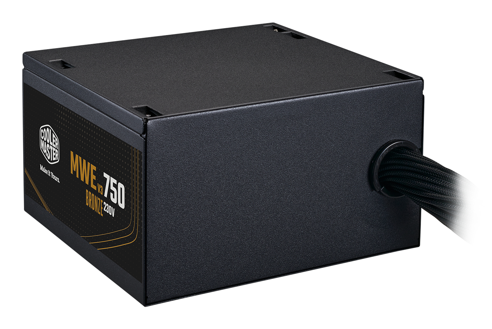 Zwarte PSU. Cooler Master logo. MWE V2 Bronze 750 tekst. Zwarte kabel komt uit de zijkant.