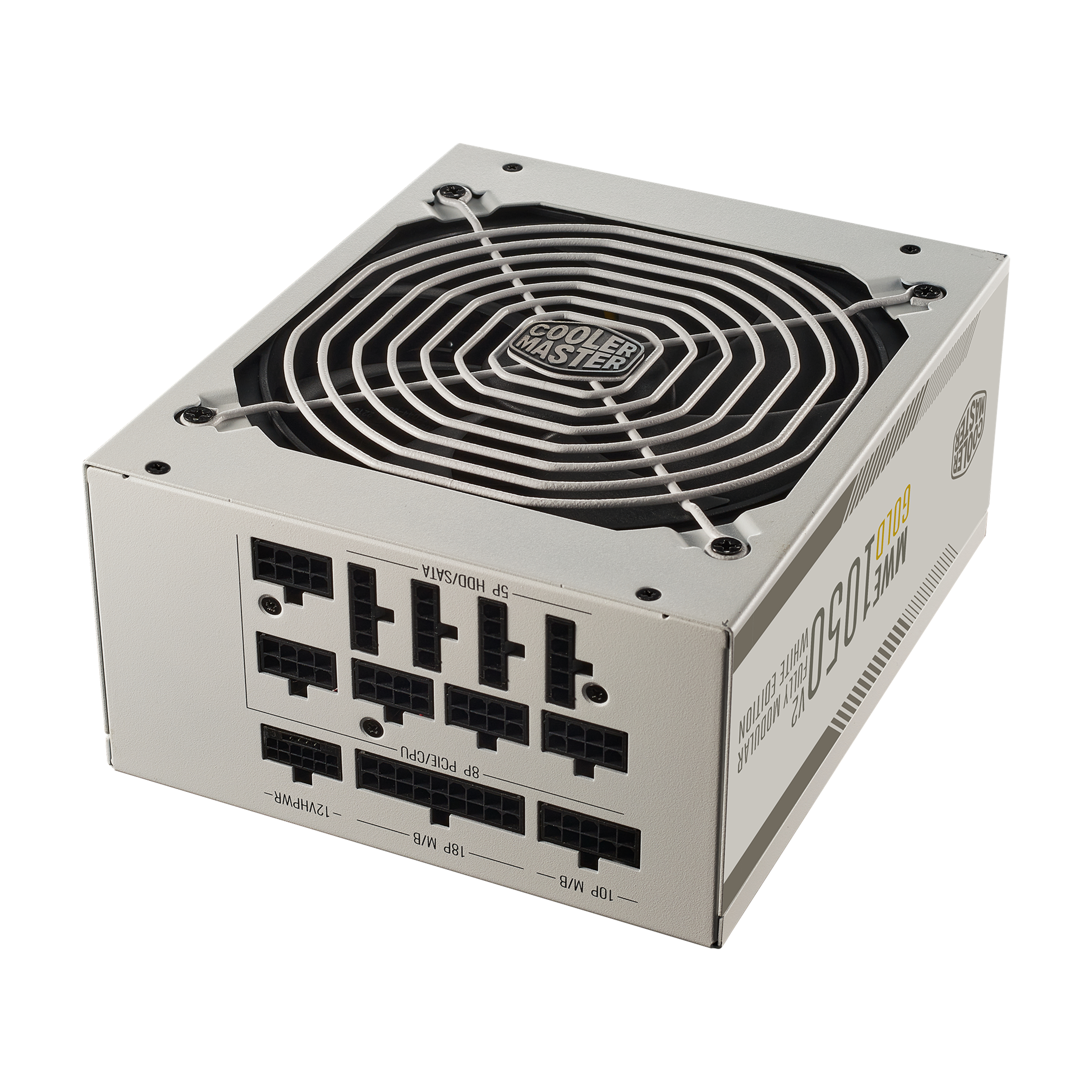 Cooler Master MWE 1050 voeding, wit en grijs, met ventilator en aansluitpoorten.