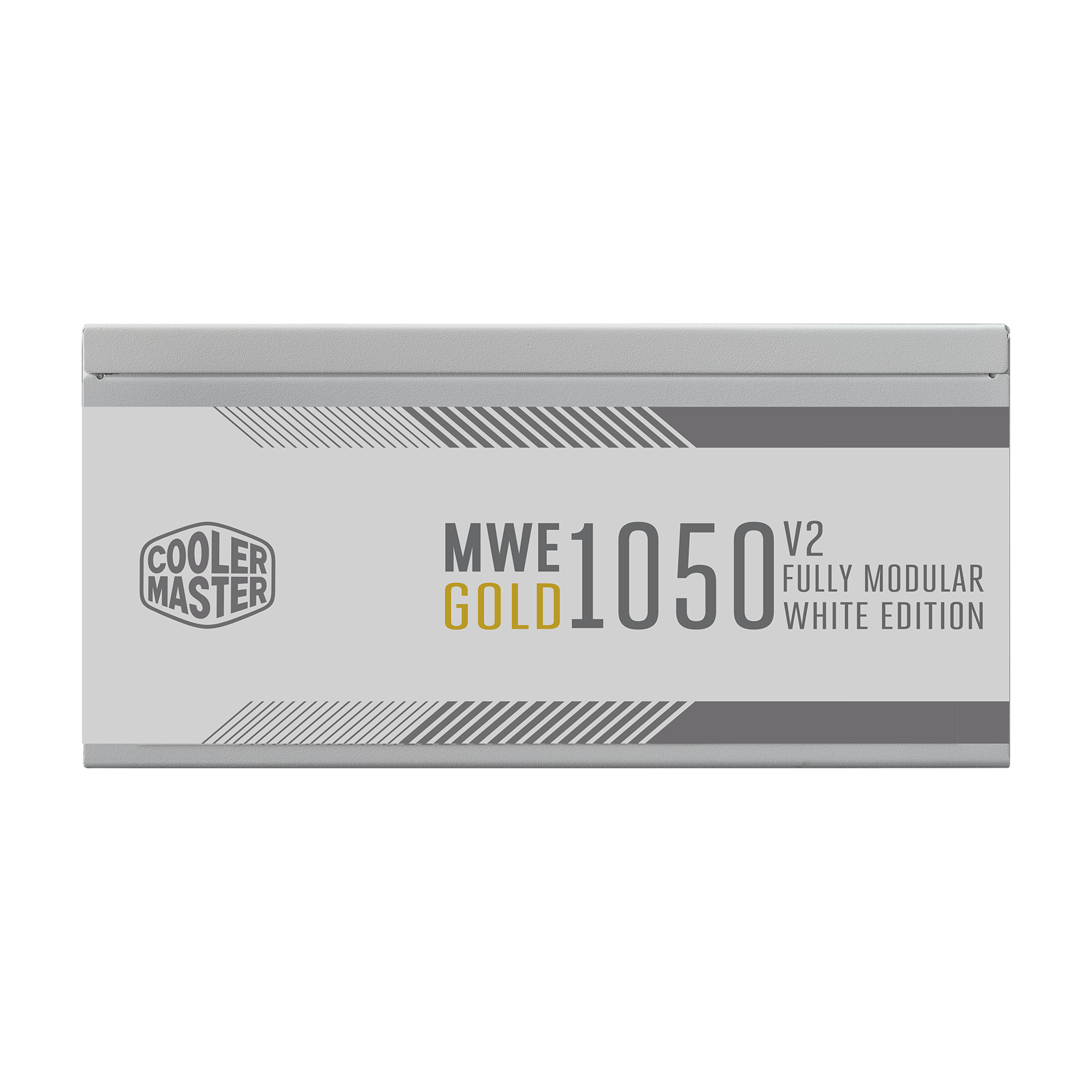 Zijaanzicht van een Cooler Master pc-voeding. Wit met het label MWE Gold 1050 V2.
