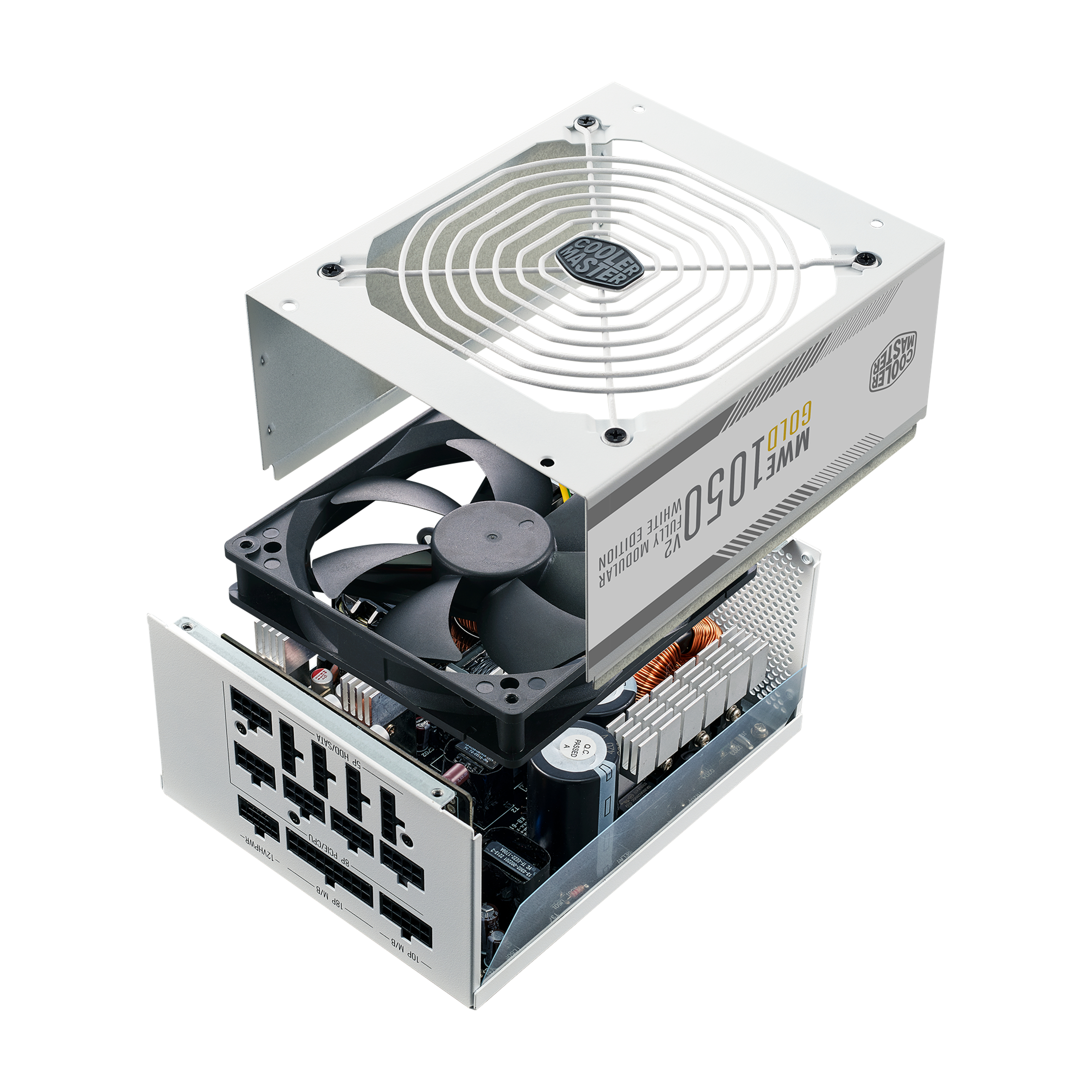 Witte Cooler Master pc-voeding, explosie weergave. Ventilator, interne componenten zichtbaar.