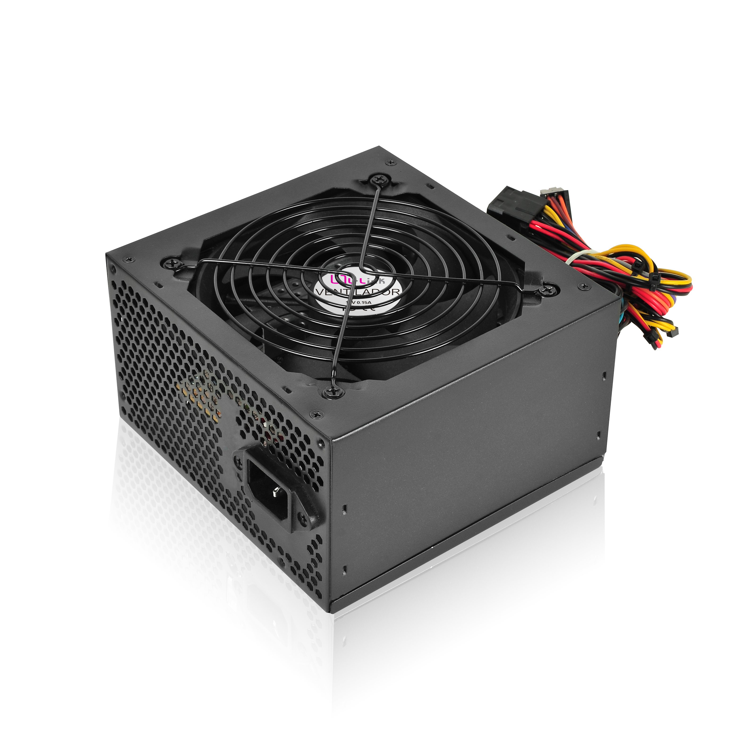 Zwarte voeding met ventilator, stroomkabel en connectoren.
