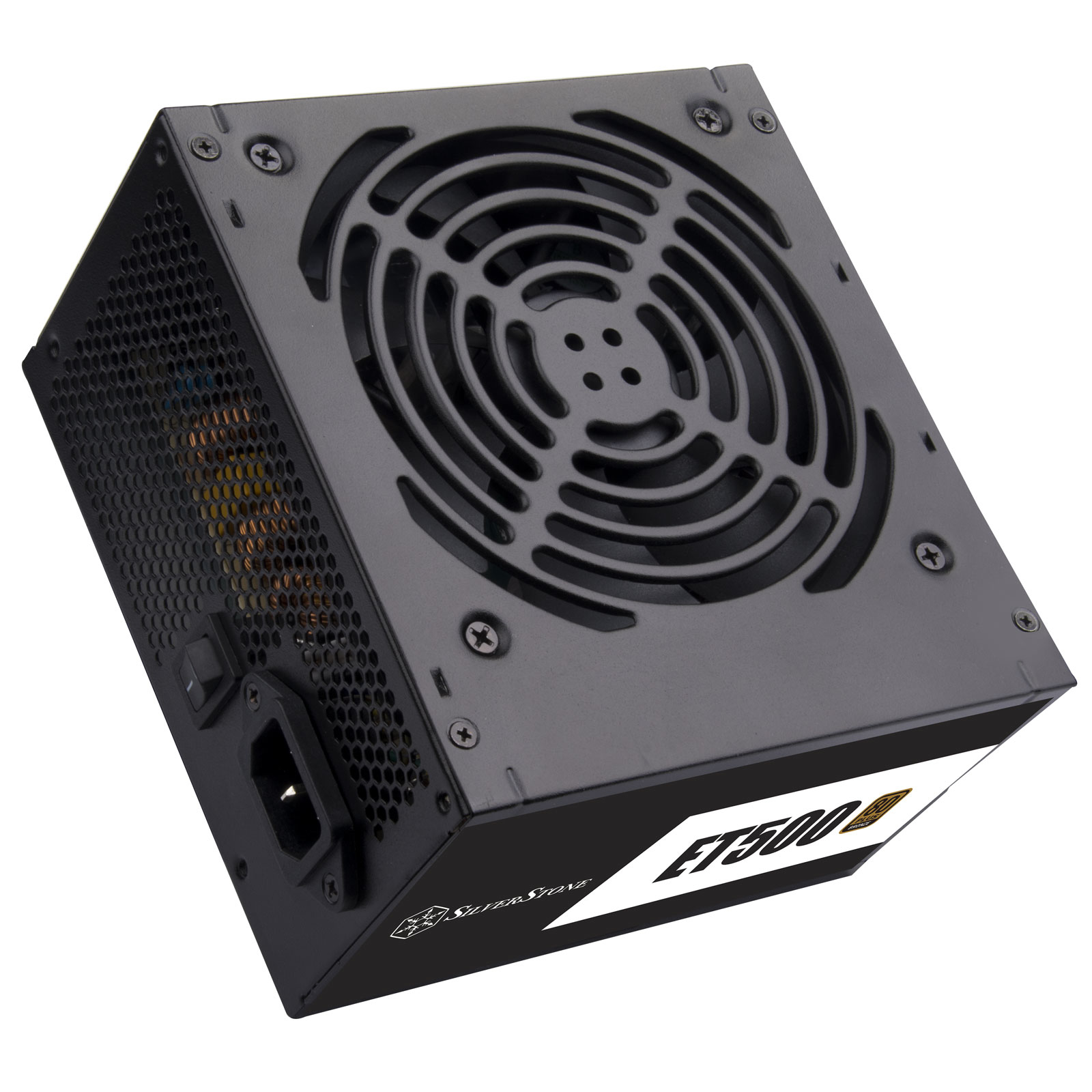 Czarny zasilacz SilverStone ET500 z wentylatorem i złączem.