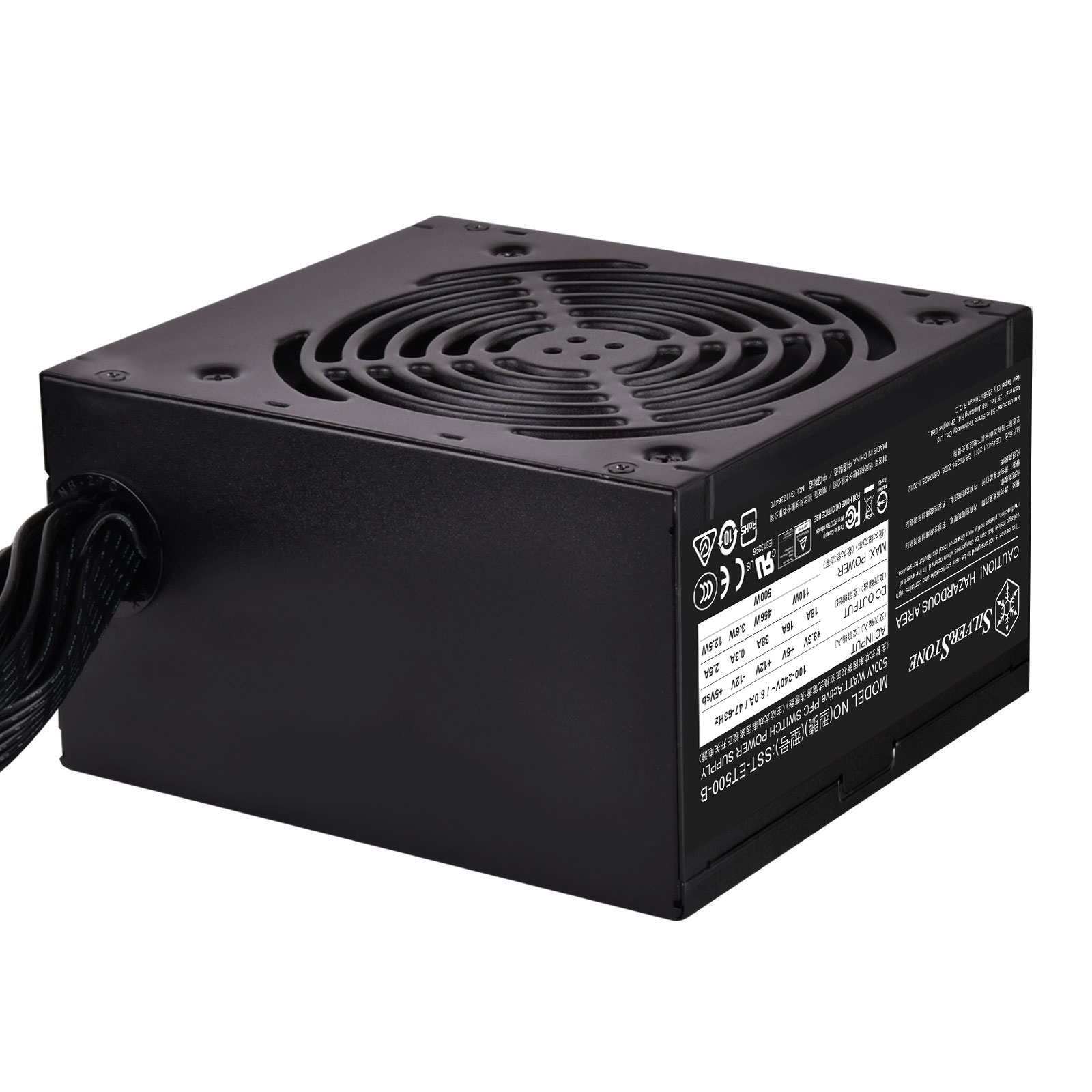 Czarny zasilacz komputerowy z wentylatorem. Na górze znajduje się etykieta ze specyfikacjami.