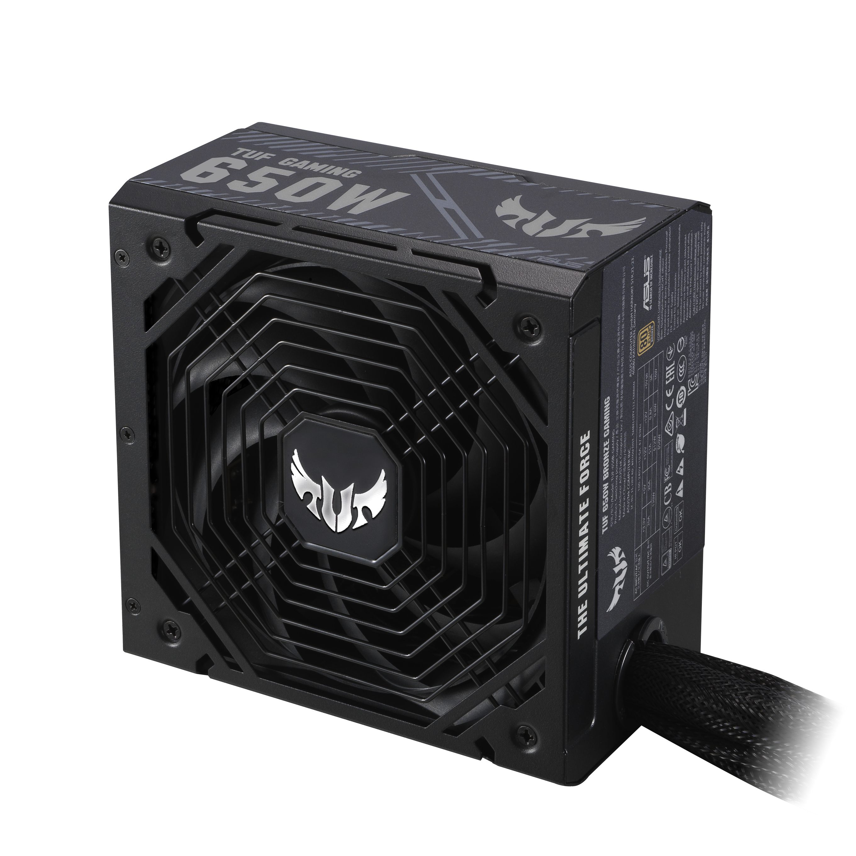 Alimentatore nero con ventola e testo '650W'. Sfondo bianco.