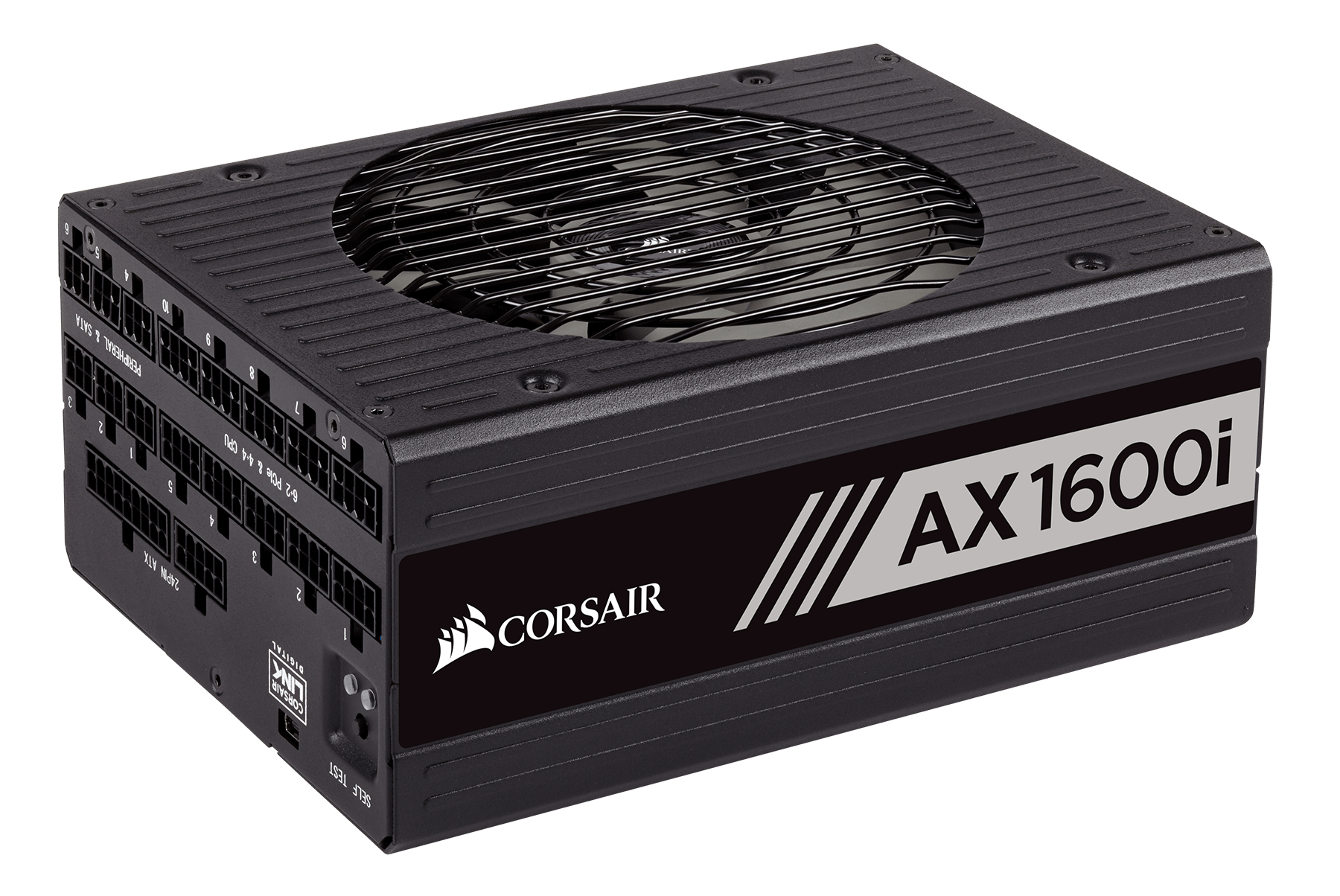 Alimentatore nero con ventola ed etichetta CORSAIR AX1600i su superficie bianca.