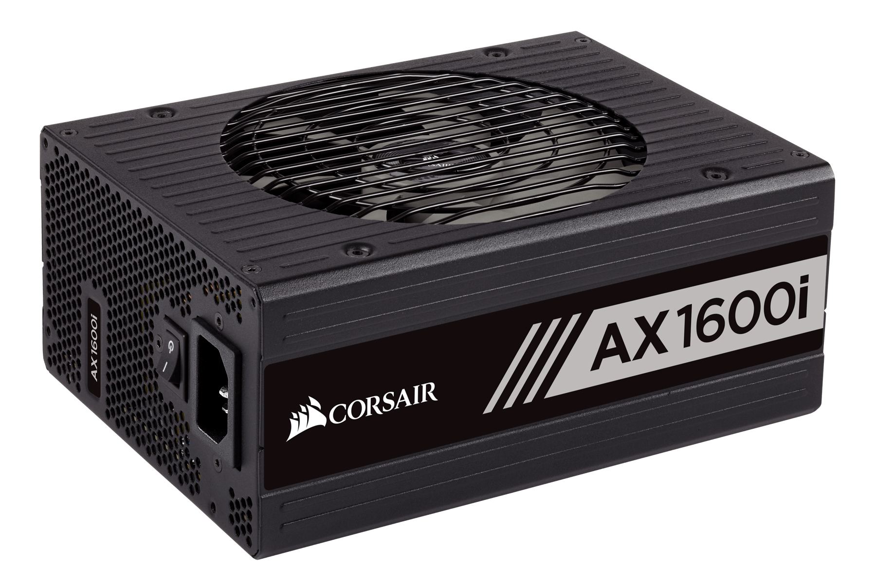 Alimentatore nero Corsair AX1600i, con logo Corsair, vista angolata.