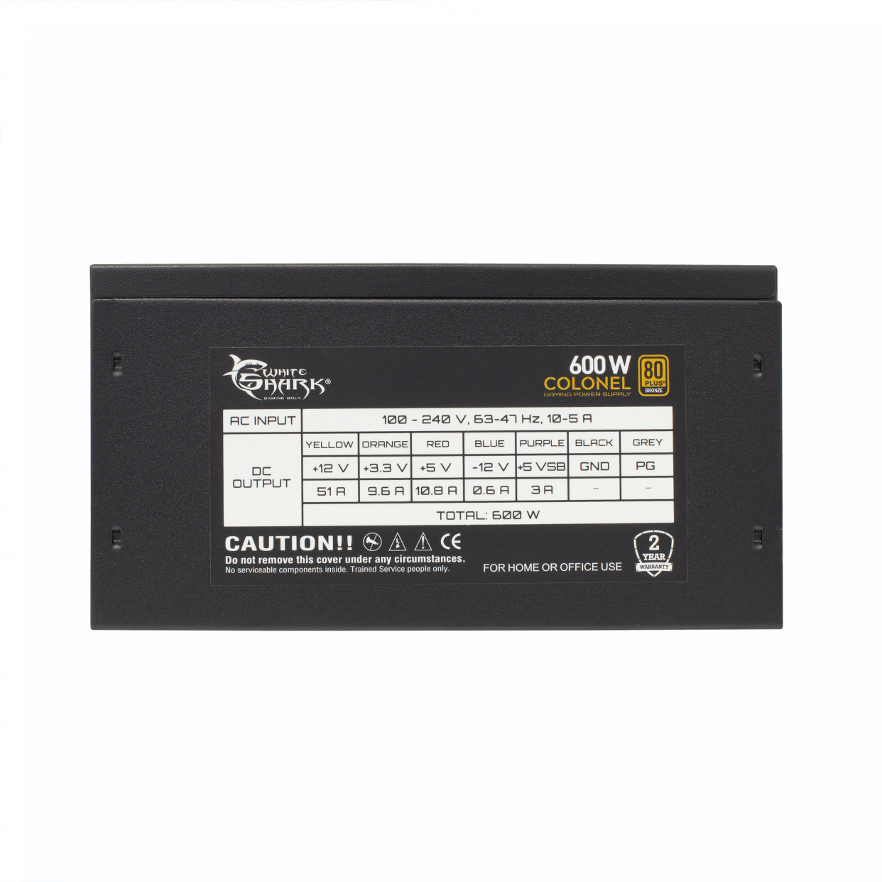 Czarny zasilacz z tekstem i etykietami w kolorze białym i żółtym, z etykietą ostrzegawczą na białym tle.