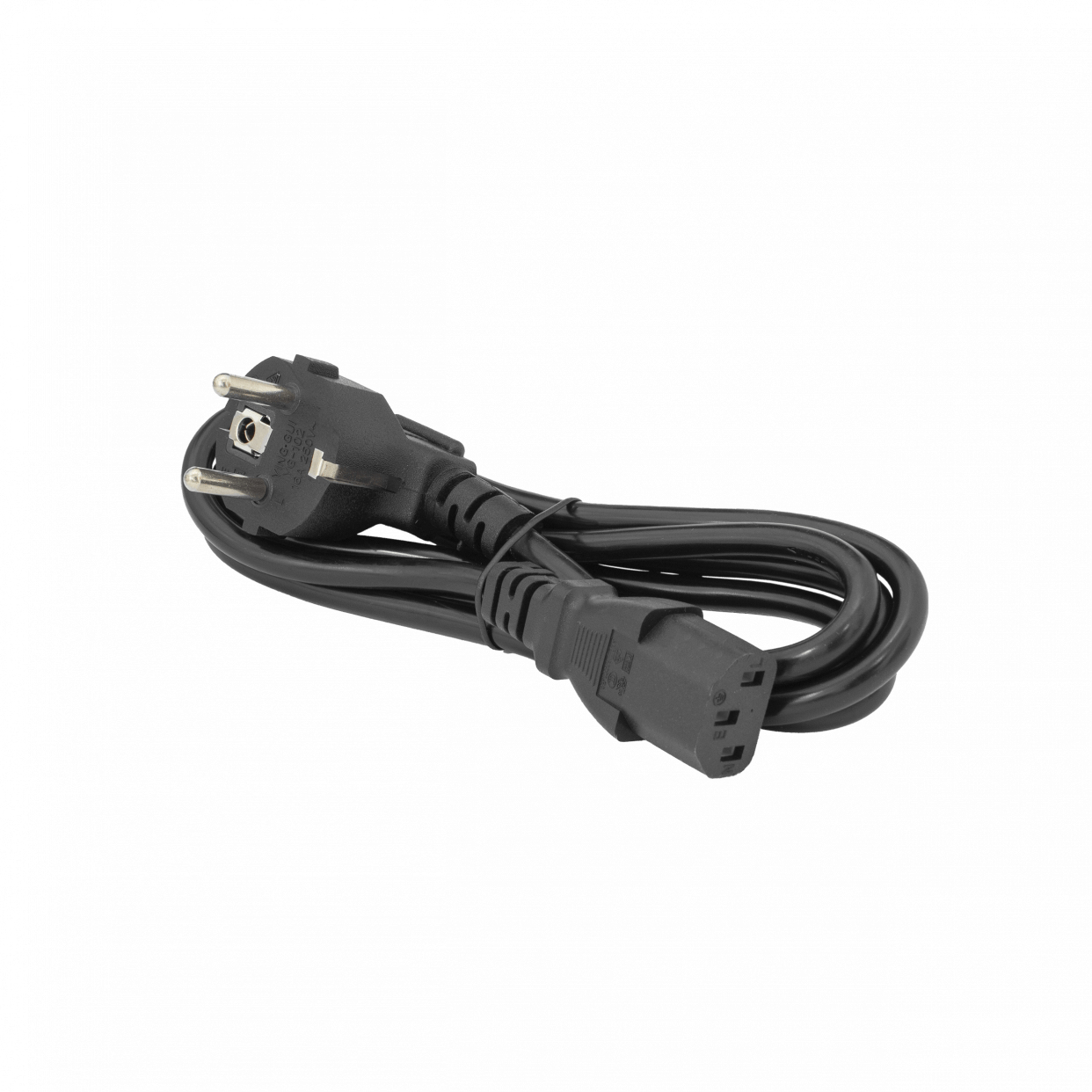 Czarny kabel zasilający z wtyczką brytyjską na jednym końcu i złączem komputerowym na drugim.