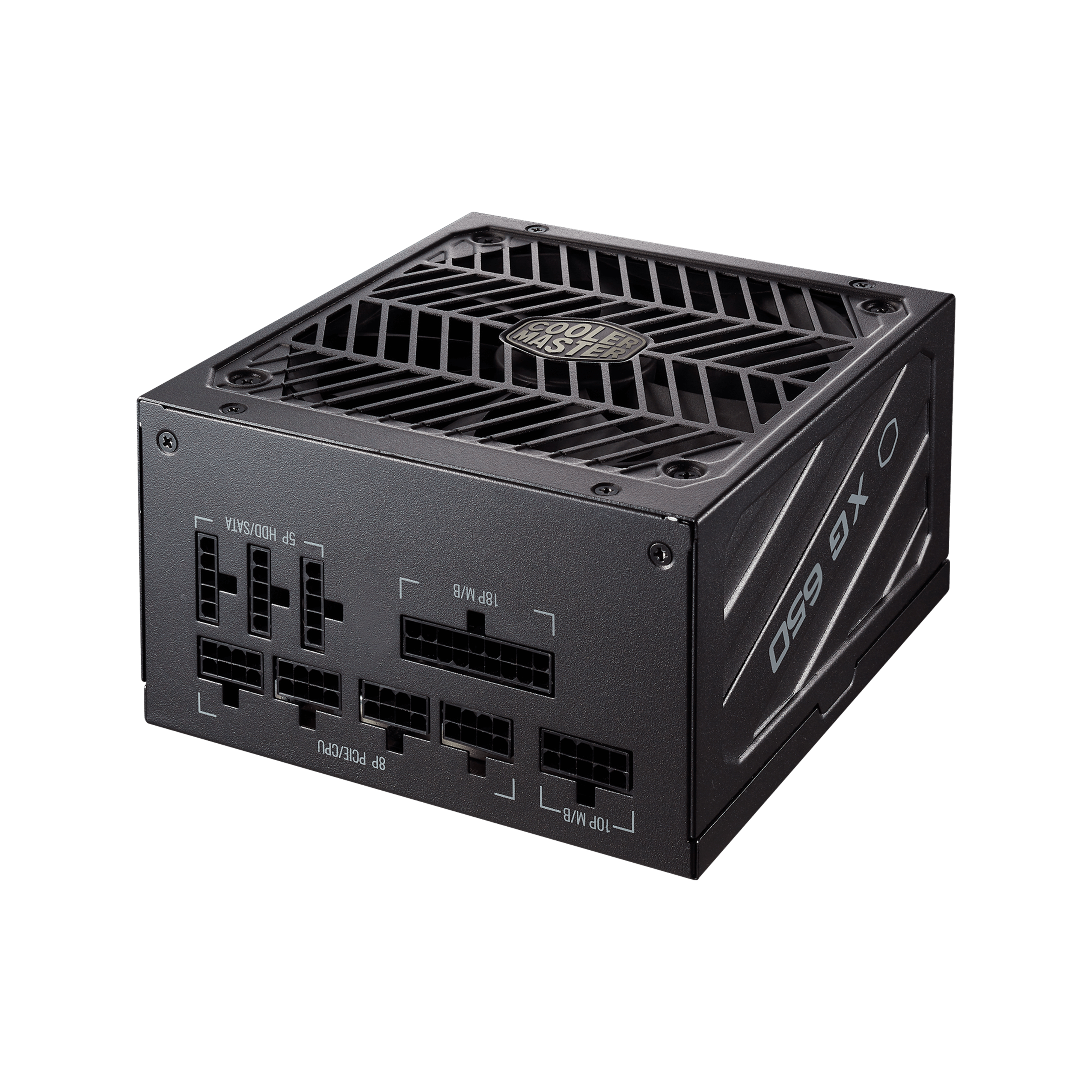 Czarny zasilacz z wieloma portami i otworami wentylacyjnymi. Widoczna marka "COOLER MASTER".