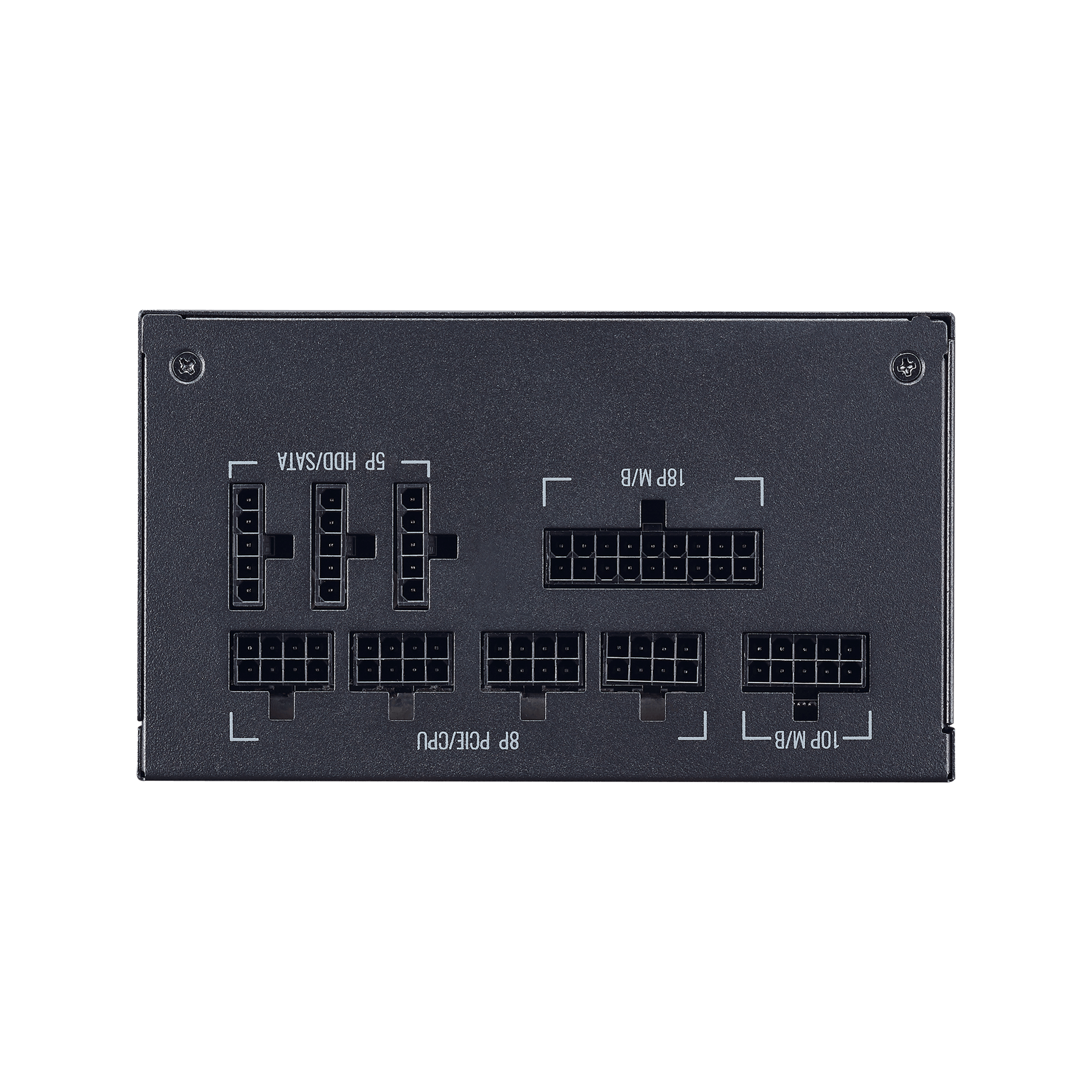 Czarny zasilacz z kilkoma portami dla połączeń HDD/SATA i PCIe/CPU.