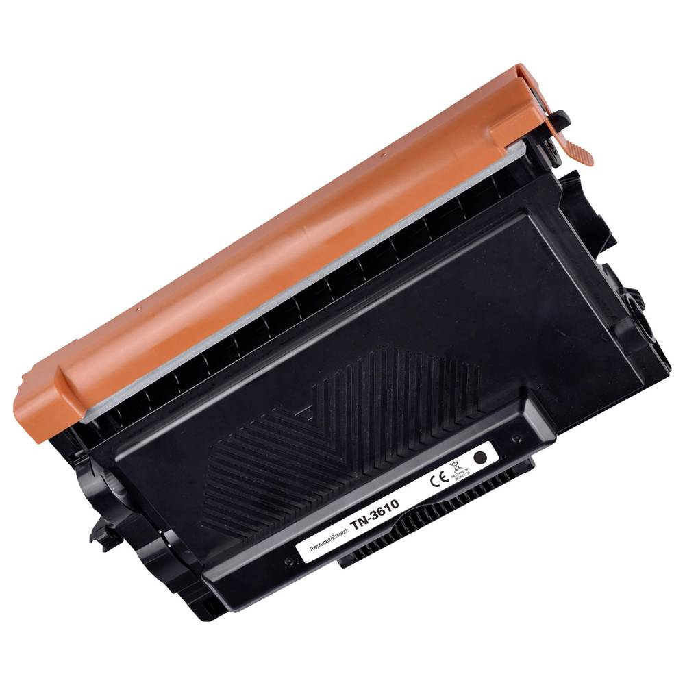 Cartuccia toner nera e marrone. Manico verde visibile. Sfondo bianco.