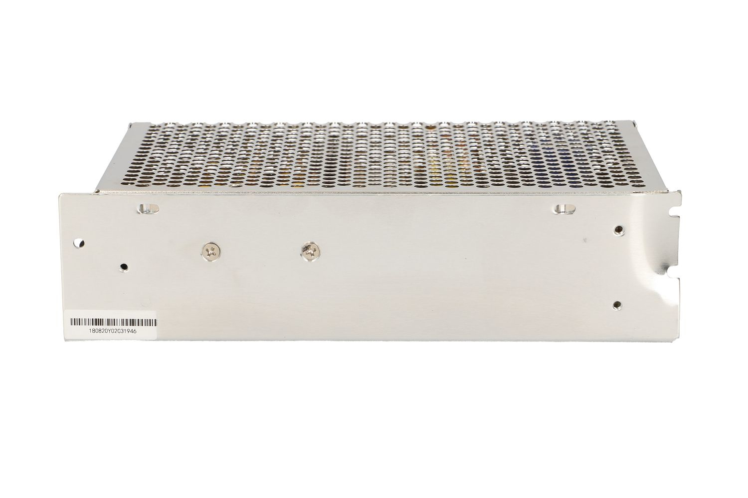 Srebrny zasilacz z metalu z kratką na górze.