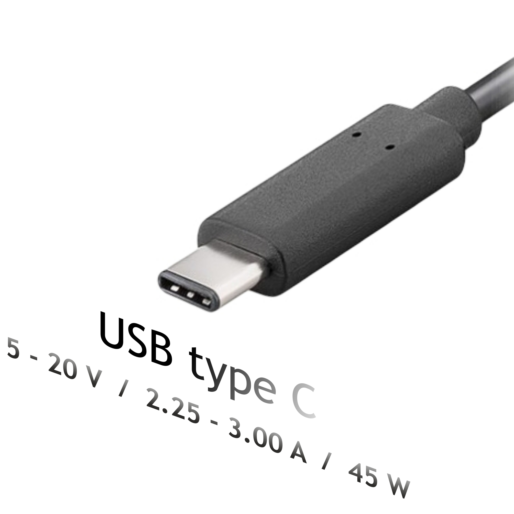 Złącze USB typu C. Czarne złącze z tekstem, białe tło.
