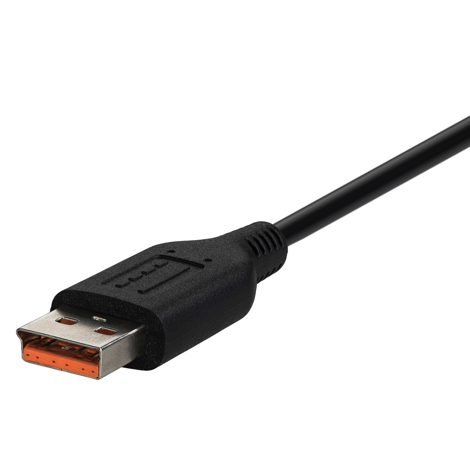 Kabel USB do USB. Pomarańczowa końcówka. Białe tło.