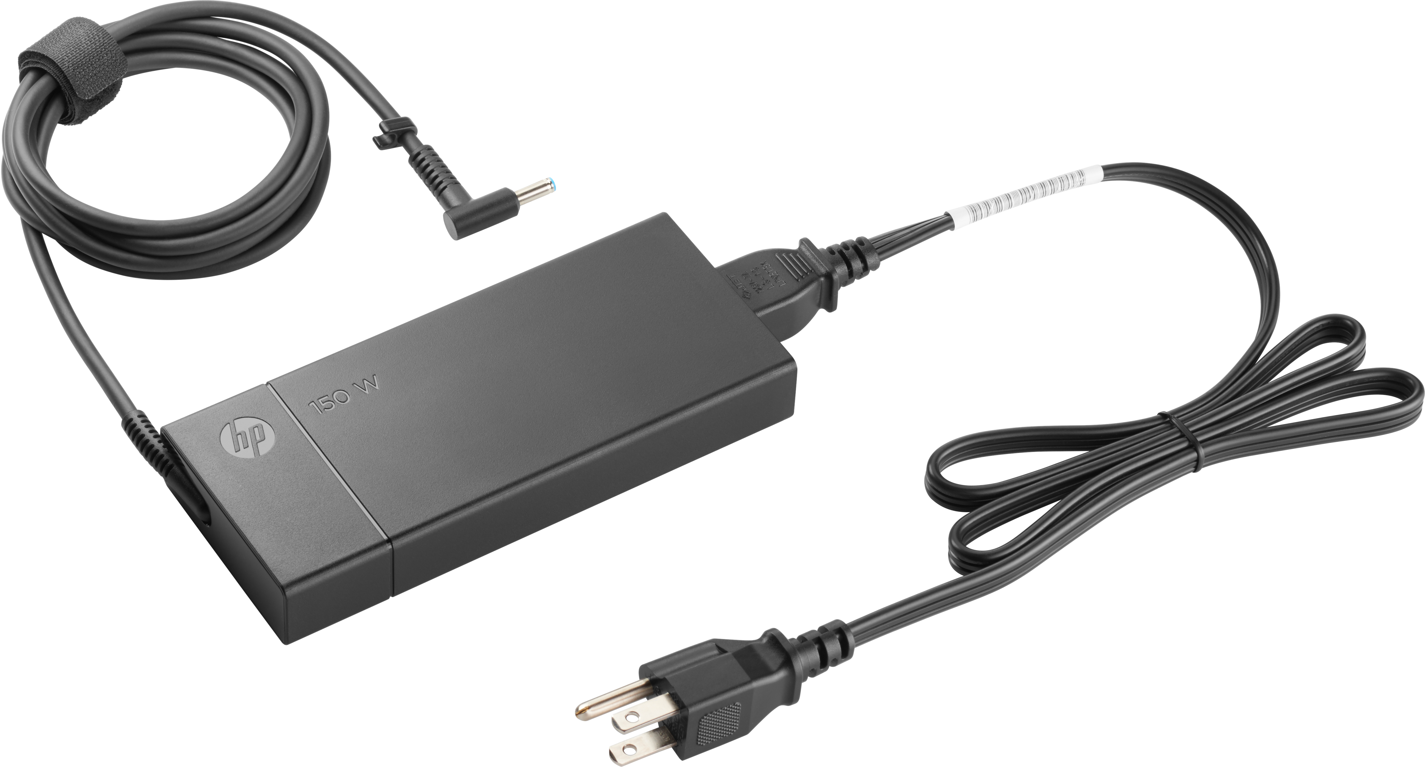 Adattatore di alimentazione HP nero, 150W, con cavo e spina USA, su sfondo bianco.