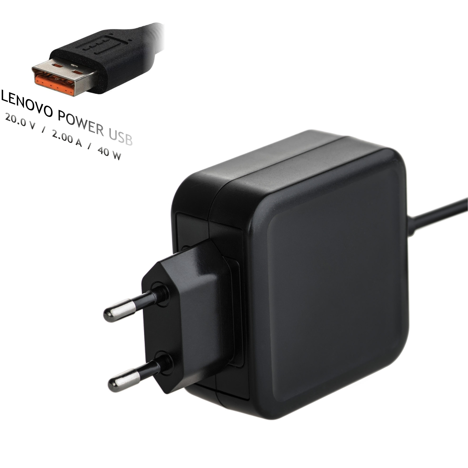 Czarny zasilacz Lenovo z portem USB. Tekst: 20,0 V / 2,00 A / 40 W.