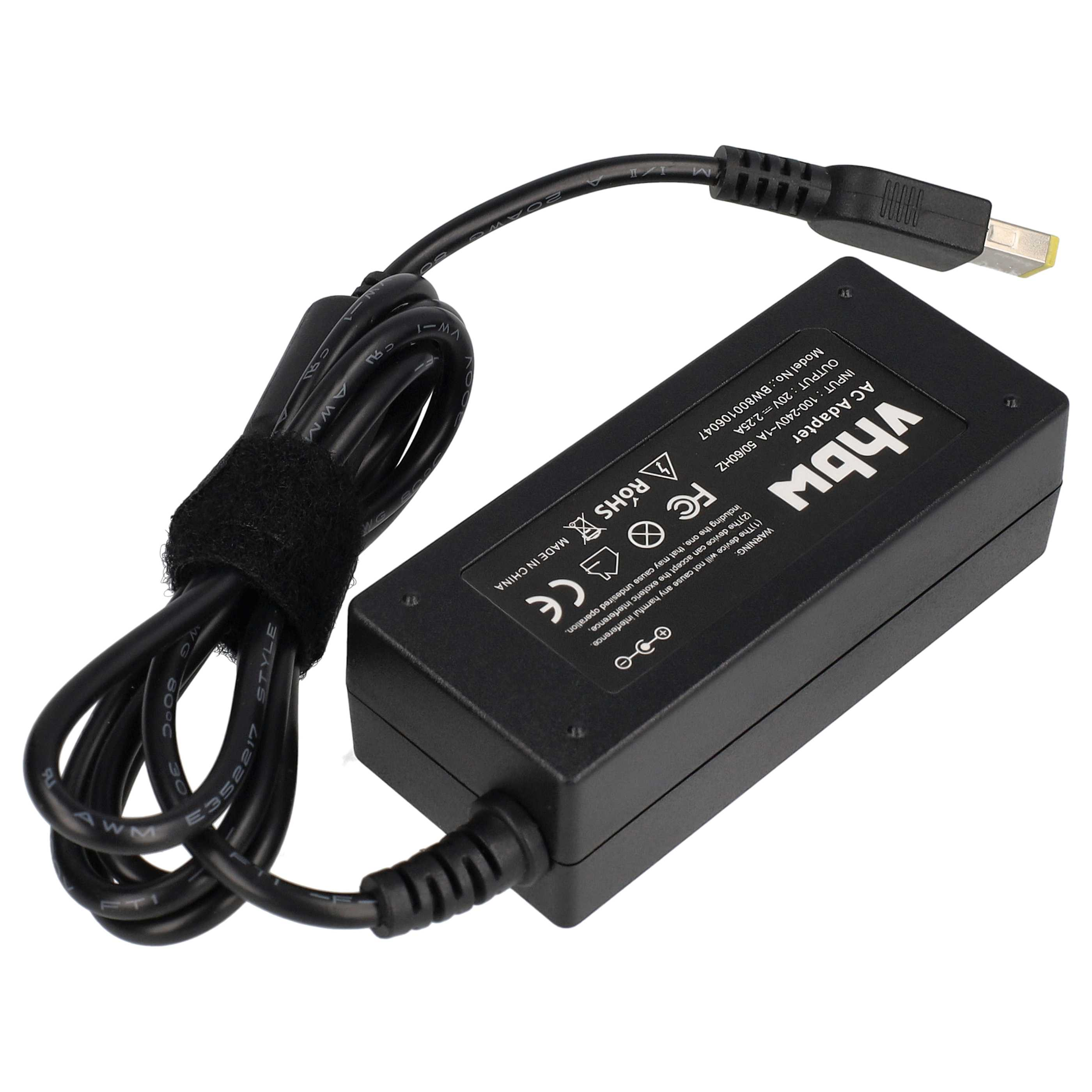 Schwarzes Netzteil mit Kabel und Lenovo-Anschluss, auf weißer Oberfläche.