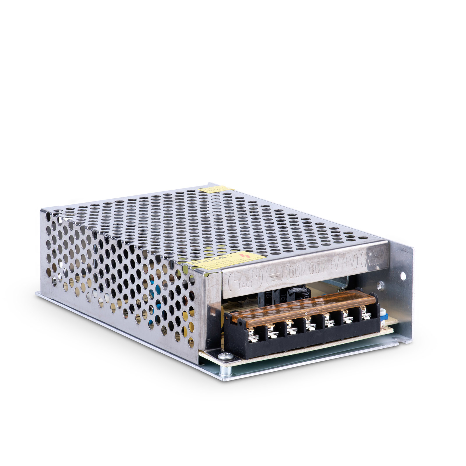 Srebrny metalowy zasilacz z perforacjami. Brązowy blok zacisków z przodu. Białe tło.