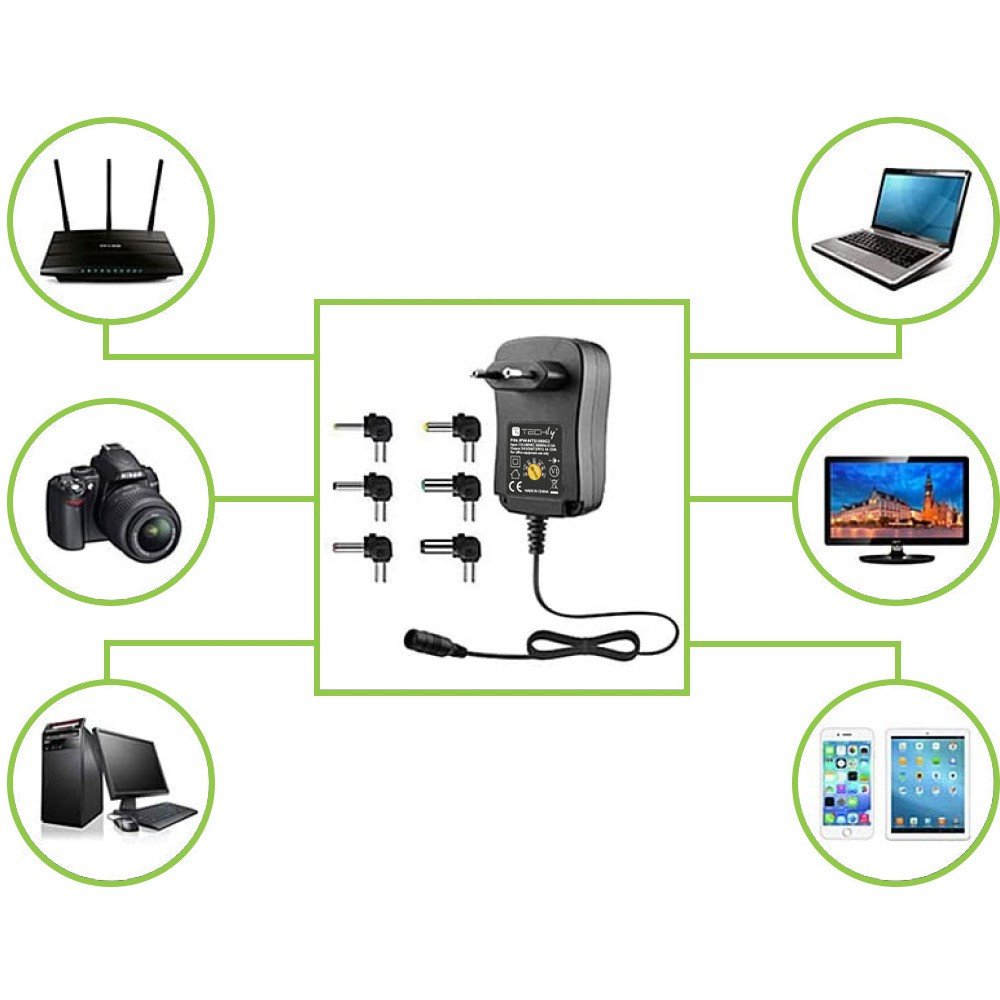 Schemat pokazujący zasilacz i różne podłączone urządzenia, takie jak laptop i aparat. Białe tło.