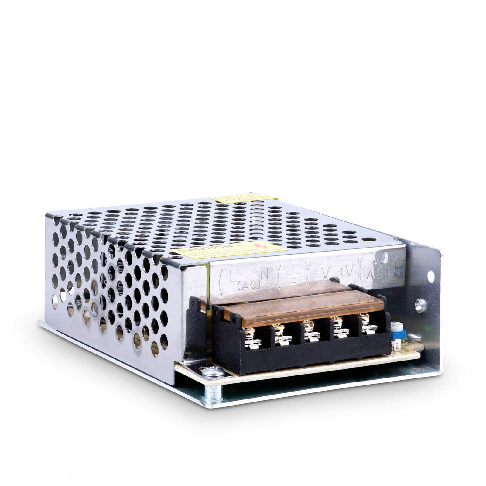 Alimentatore LED argentato con parte superiore perforata, testo e terminali di connessione sul davanti.