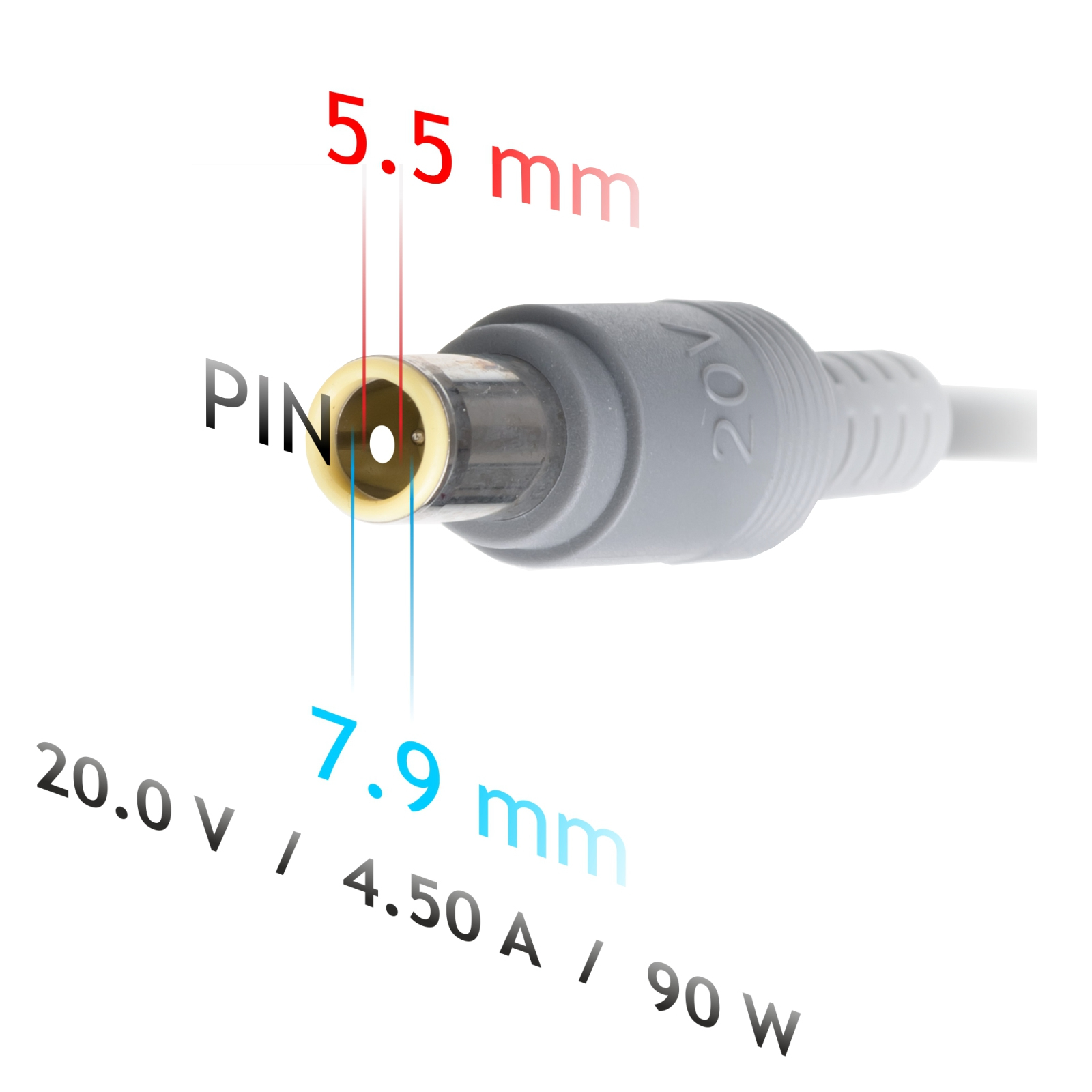 Zbliżenie szarej końcówki z wymiarami: 7,9 mm i 5,5 mm, wraz z 20.0V / 4.50 A / 90W.